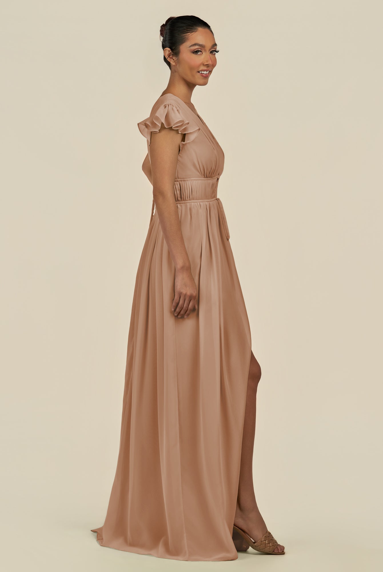 KissDress-Fienna Bronzer A Line Chiffon Deep V Neck Long Bridesmaid Dress with Flutter Sleeves