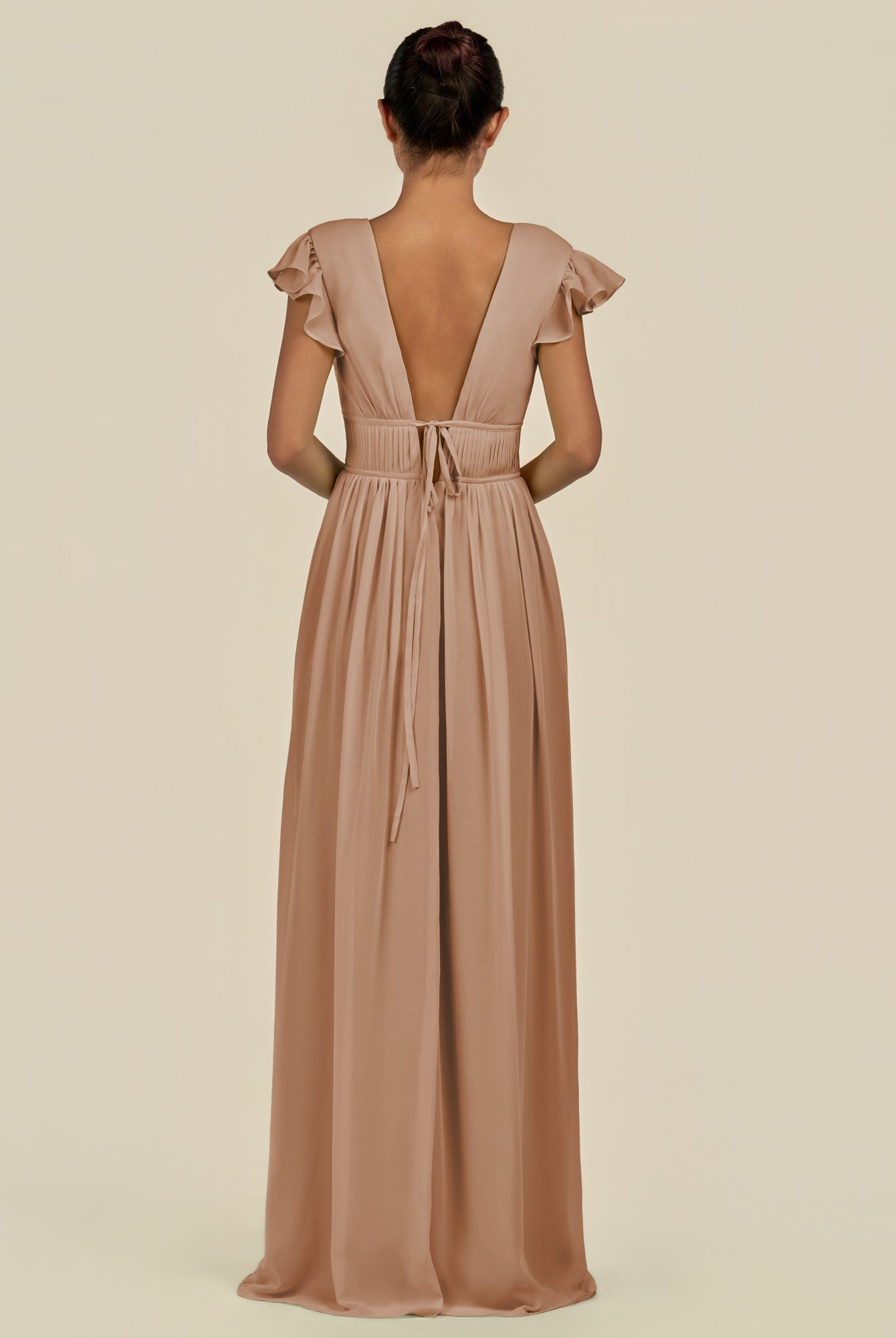 KissDress-Fienna Bronzer A Line Chiffon Deep V Neck Long Bridesmaid Dress with Flutter Sleeves