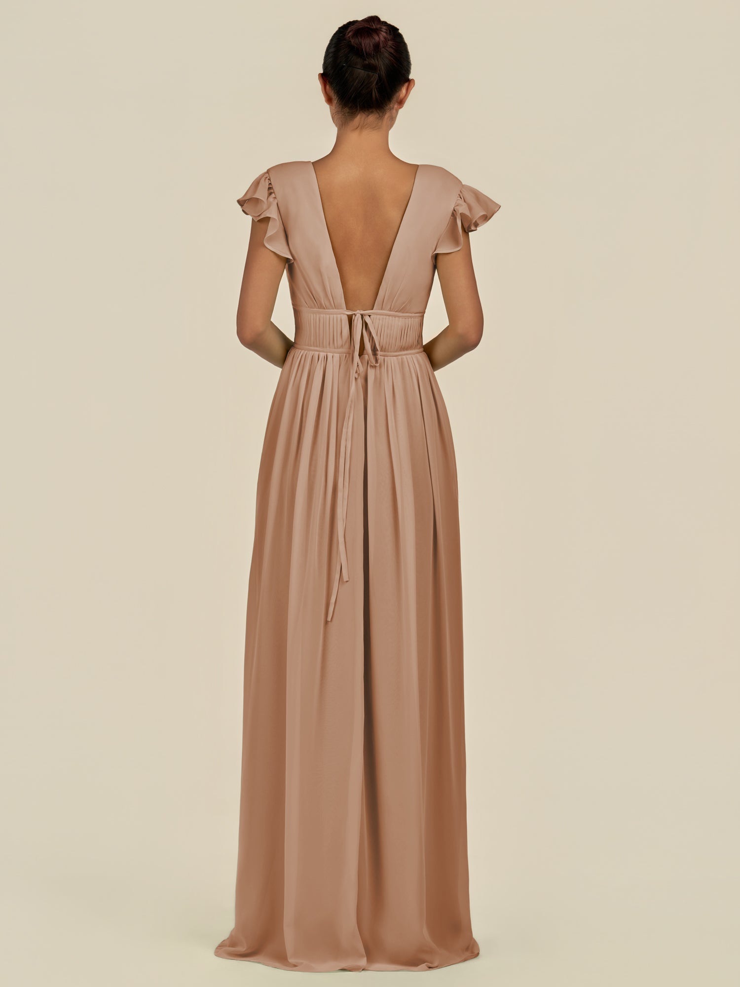 KissDress-Fienna Bronzer A Line Chiffon Deep V Neck Long Bridesmaid Dress with Flutter Sleeves