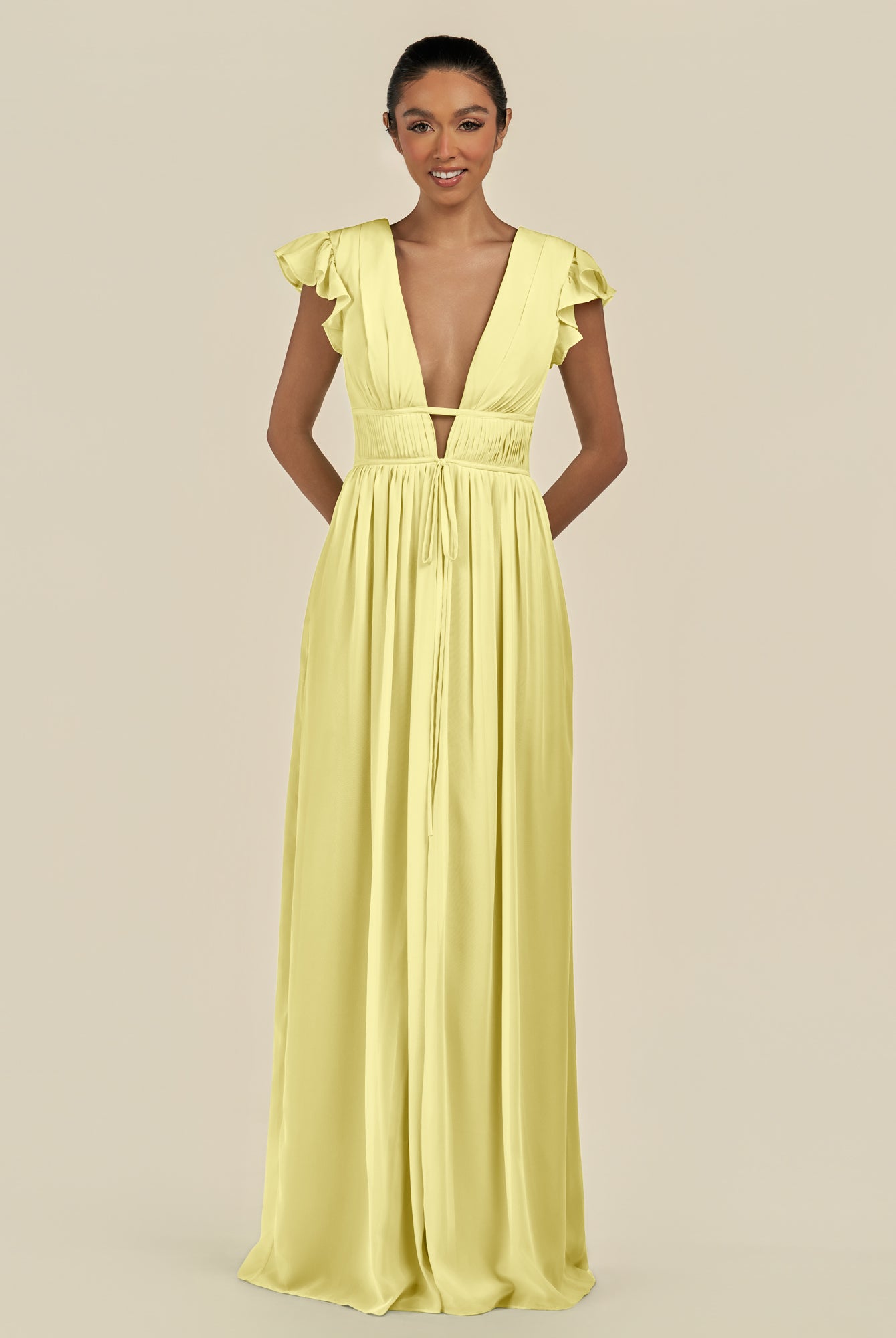 KissDress-Fienna Buttercup A Line Chiffon Deep V Neck Long Bridesmaid Dress with Flutter Sleeves
