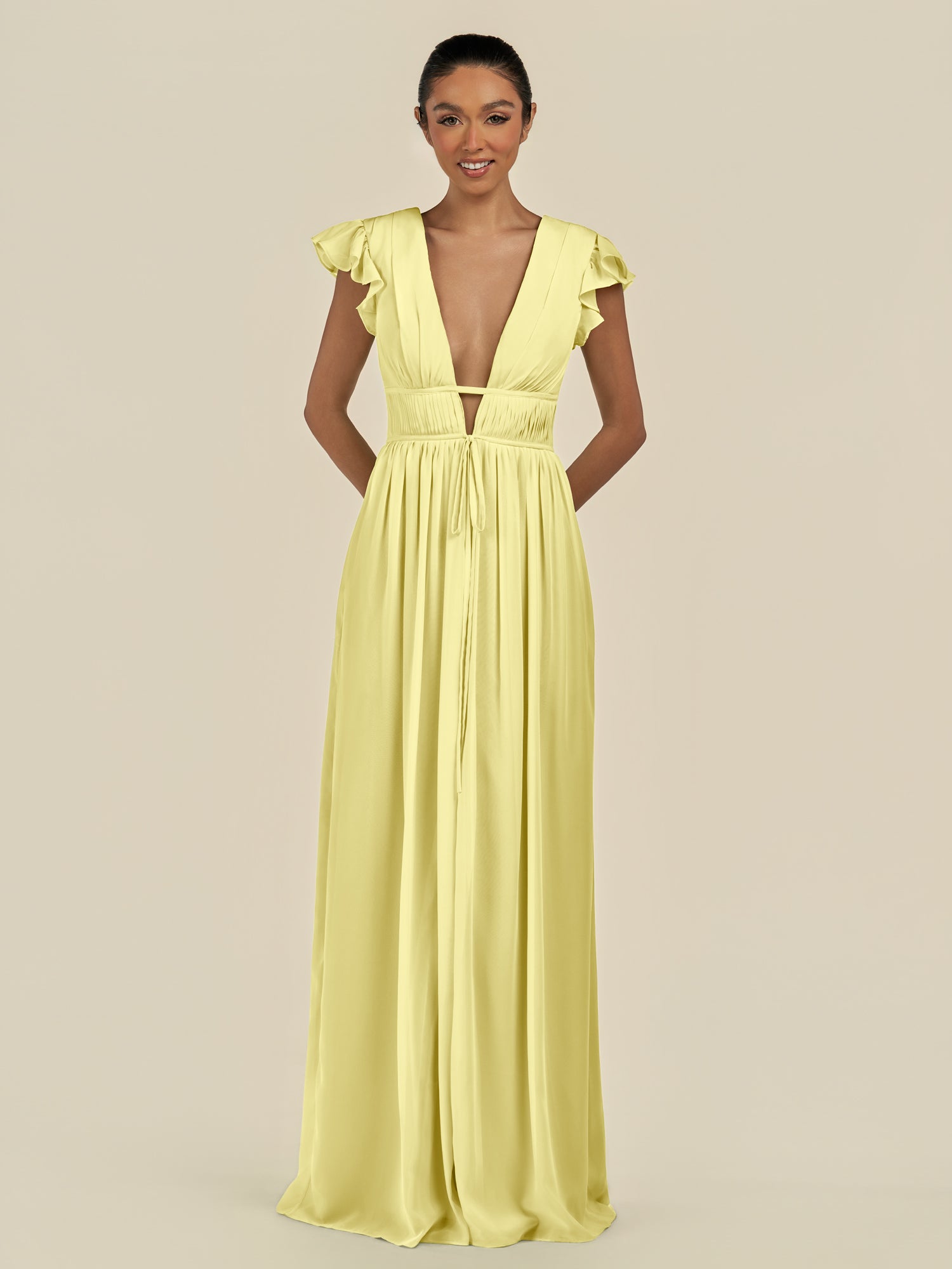 KissDress-Fienna Buttercup A Line Chiffon Deep V Neck Long Bridesmaid Dress with Flutter Sleeves