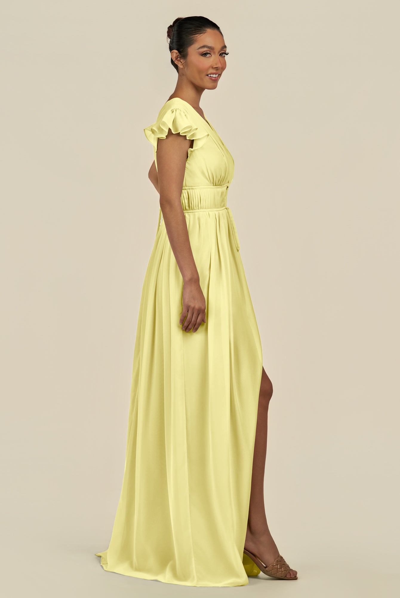 KissDress-Fienna Buttercup A Line Chiffon Deep V Neck Long Bridesmaid Dress with Flutter Sleeves