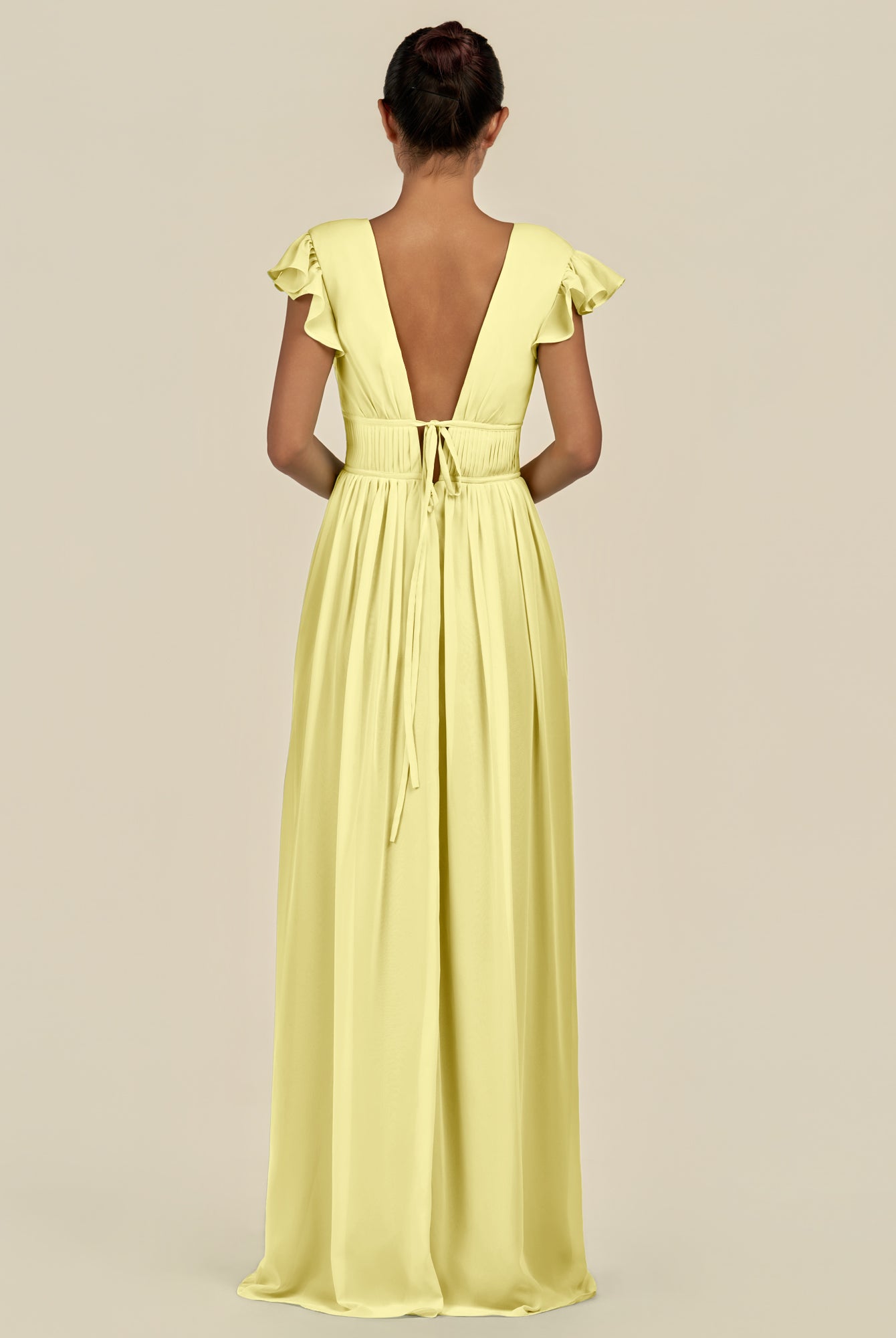 KissDress-Fienna Buttercup A Line Chiffon Deep V Neck Long Bridesmaid Dress with Flutter Sleeves