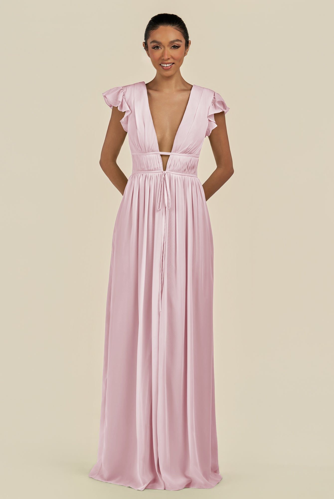 KissDress-Fienna Candy Pink A Line Chiffon Deep V Neck Long Bridesmaid Dress with Flutter Sleeves