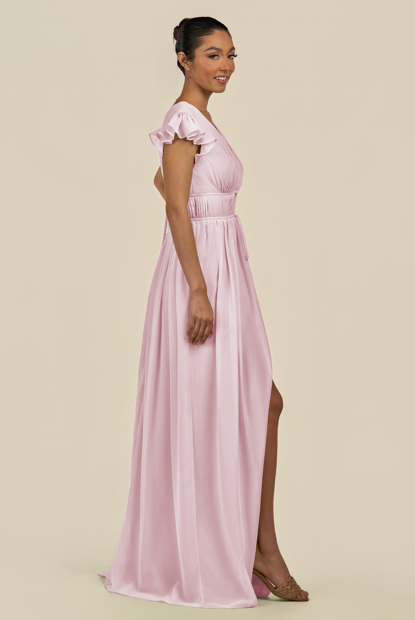 KissDress-Fienna Candy Pink A Line Chiffon Deep V Neck Long Bridesmaid Dress with Flutter Sleeves