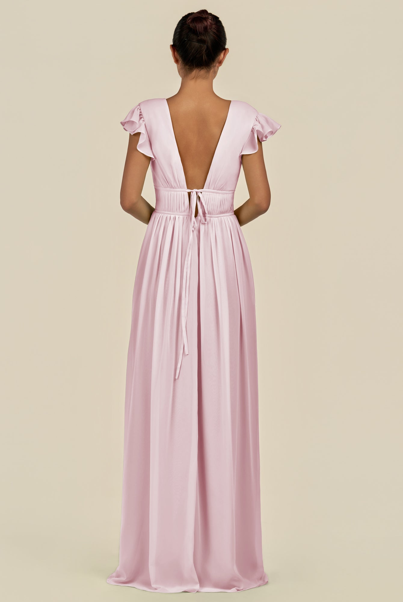 KissDress-Fienna Candy Pink A Line Chiffon Deep V Neck Long Bridesmaid Dress with Flutter Sleeves