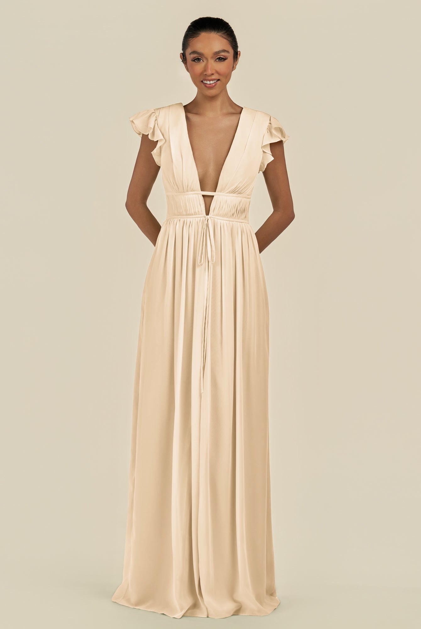 KissDress-Fienna Champagne A Line Chiffon Deep V Neck Long Bridesmaid Dress with Flutter Sleeves