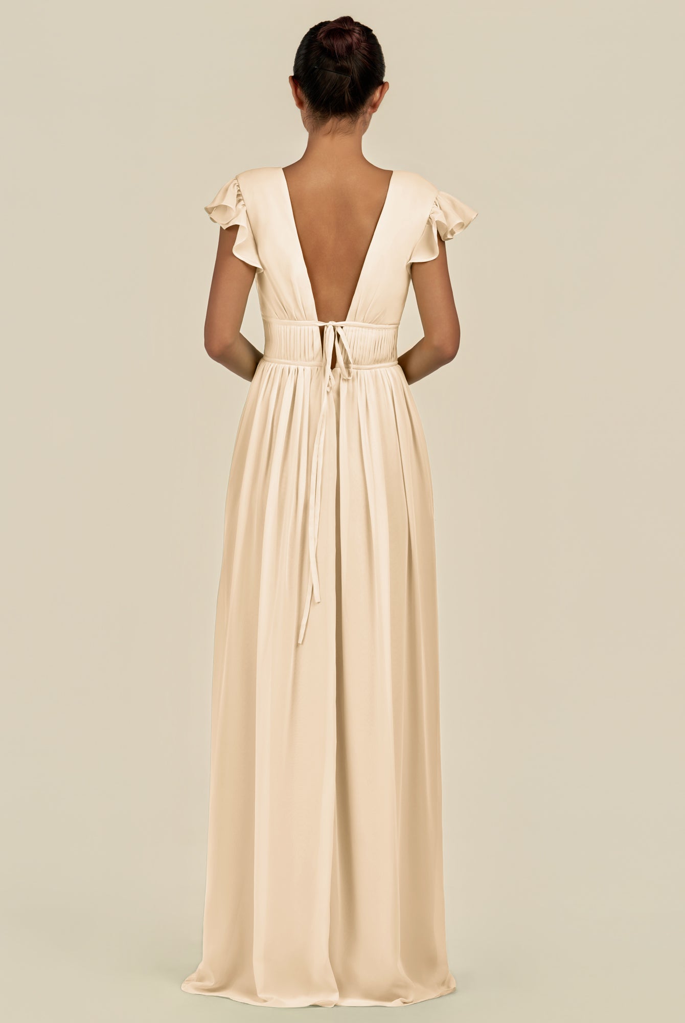 KissDress-Fienna Champagne A Line Chiffon Deep V Neck Long Bridesmaid Dress with Flutter Sleeves