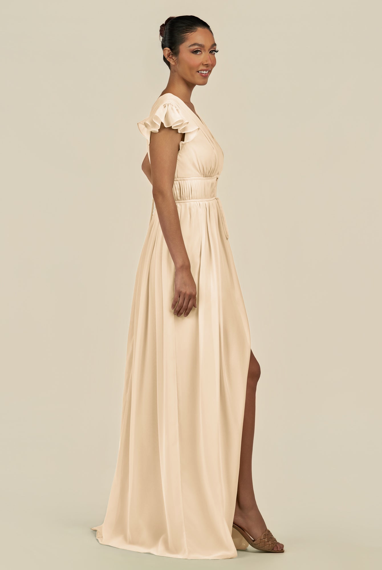 KissDress-Fienna Champagne A Line Chiffon Deep V Neck Long Bridesmaid Dress with Flutter Sleeves