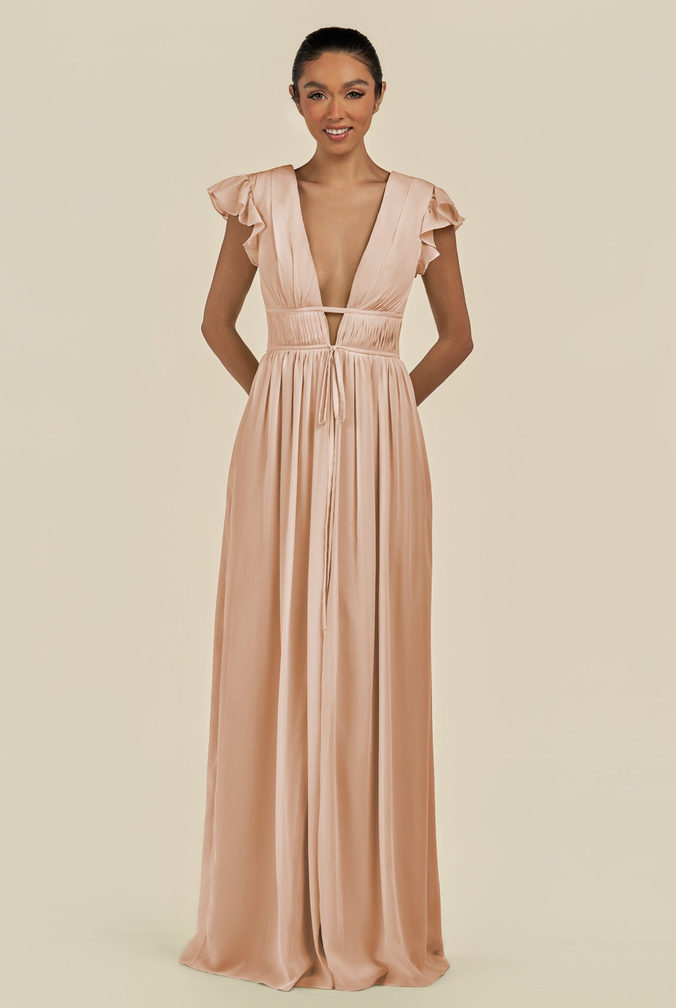 KissDress-Fienna Champagne Rose A Line Chiffon Deep V Neck Long Bridesmaid Dress with Flutter Sleeves