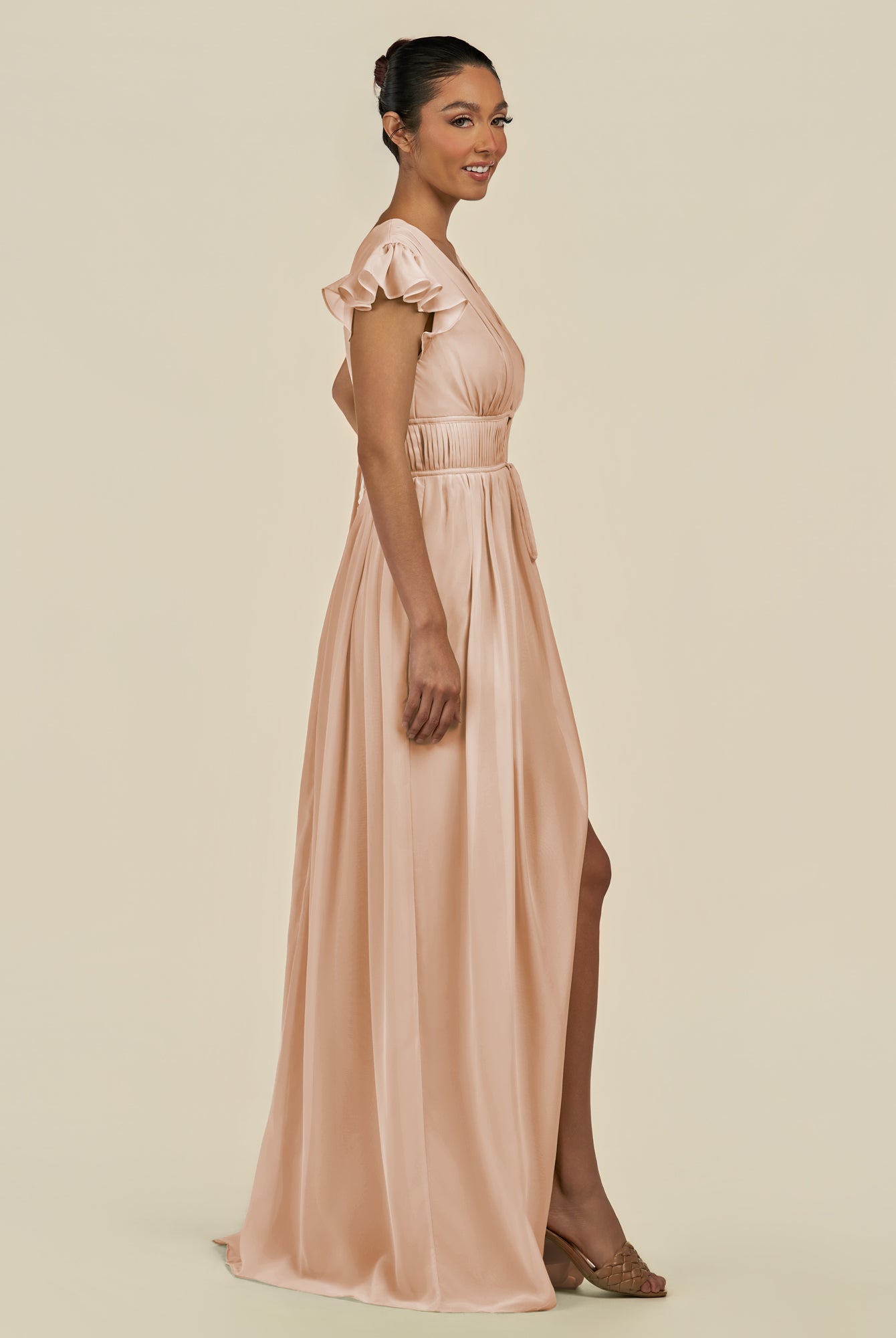 KissDress-Fienna Champagne Rose A Line Chiffon Deep V Neck Long Bridesmaid Dress with Flutter Sleeves
