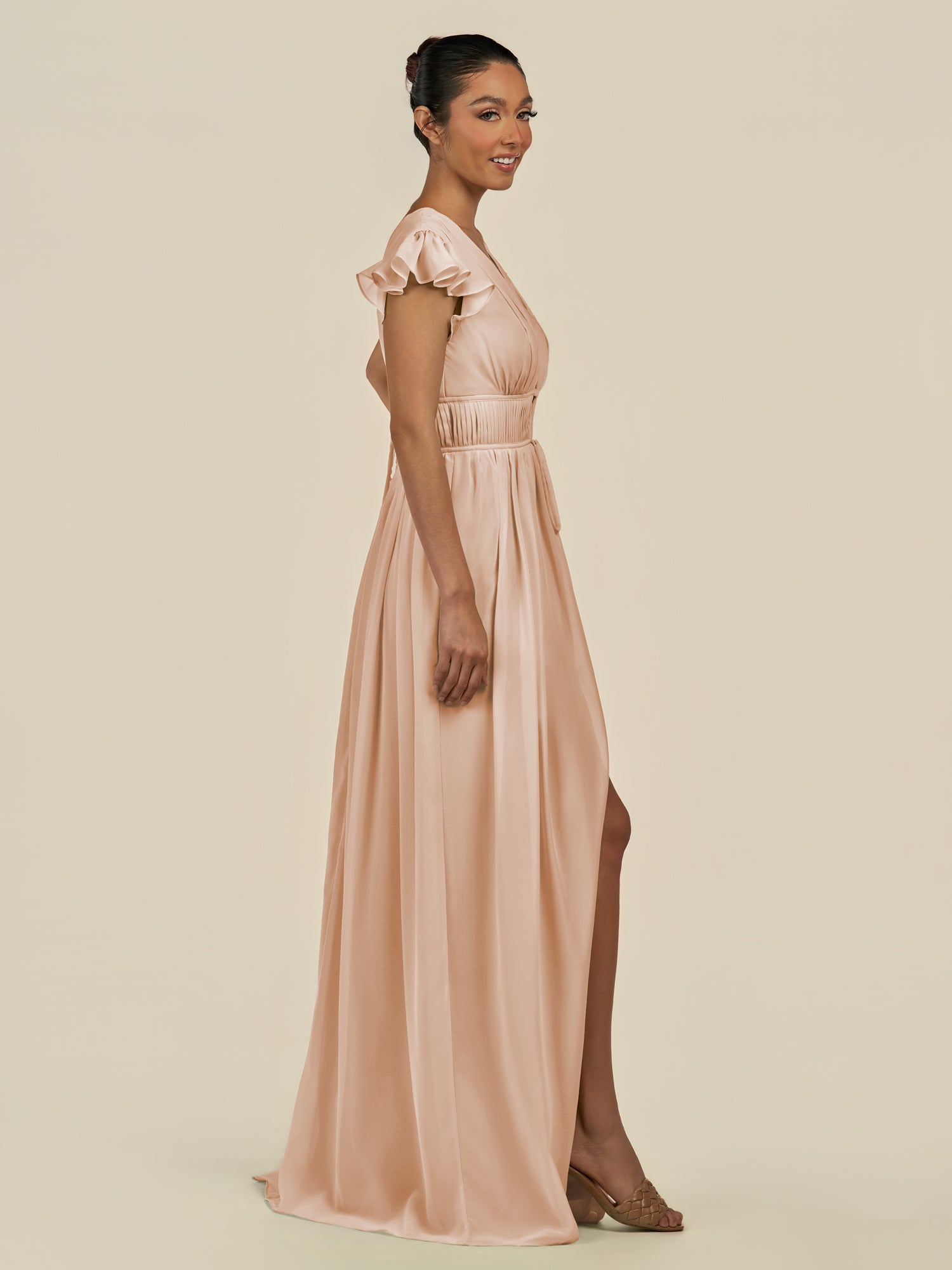 KissDress-Fienna Champagne Rose A Line Chiffon Deep V Neck Long Bridesmaid Dress with Flutter Sleeves