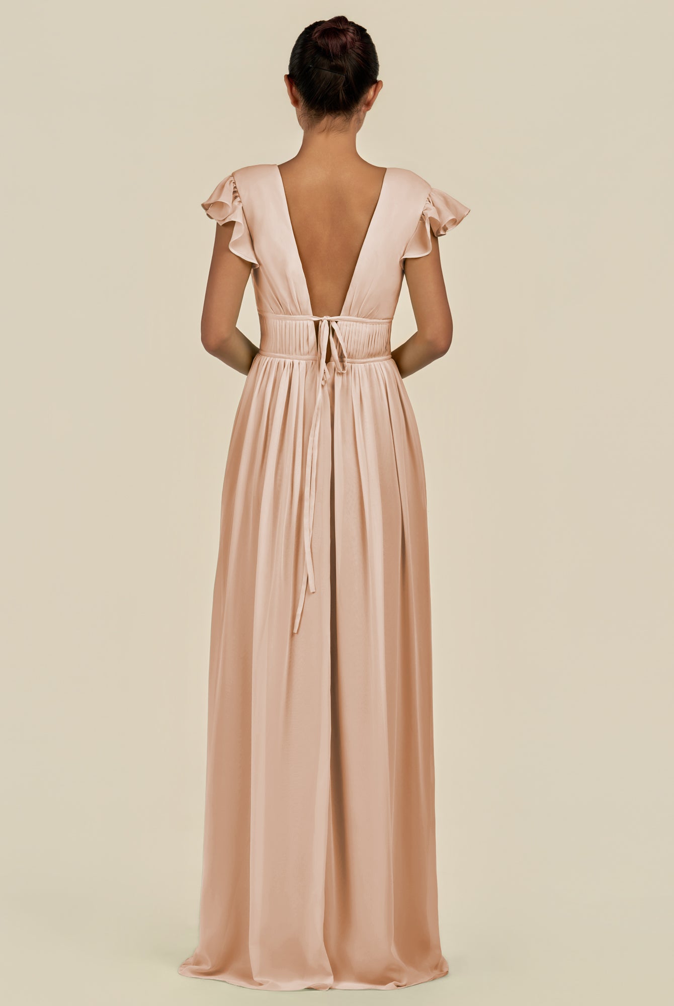KissDress-Fienna Champagne Rose A Line Chiffon Deep V Neck Long Bridesmaid Dress with Flutter Sleeves