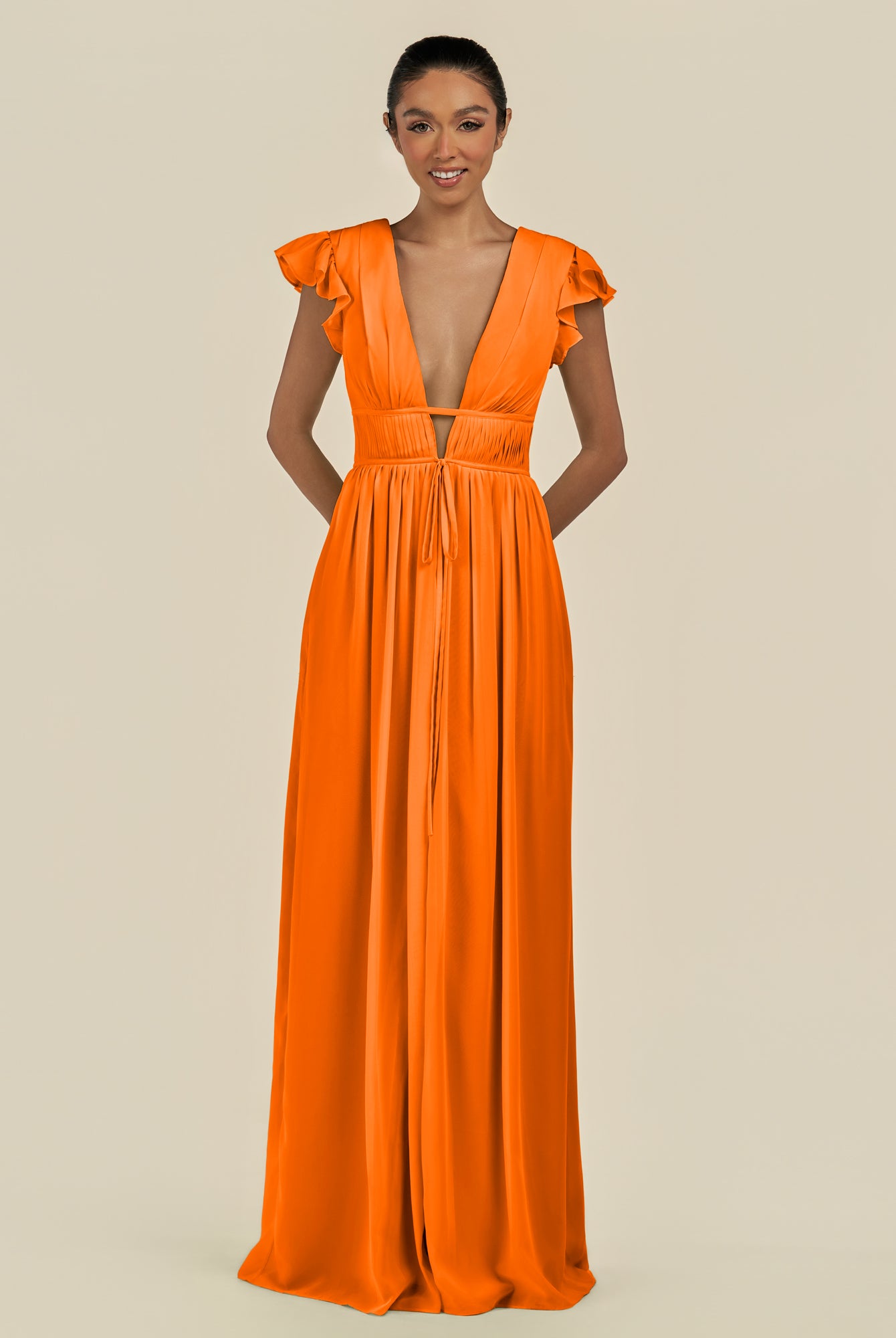 KissDress-Fienna Cinnamon A Line Chiffon Deep V Neck Long Bridesmaid Dress with Flutter Sleeves