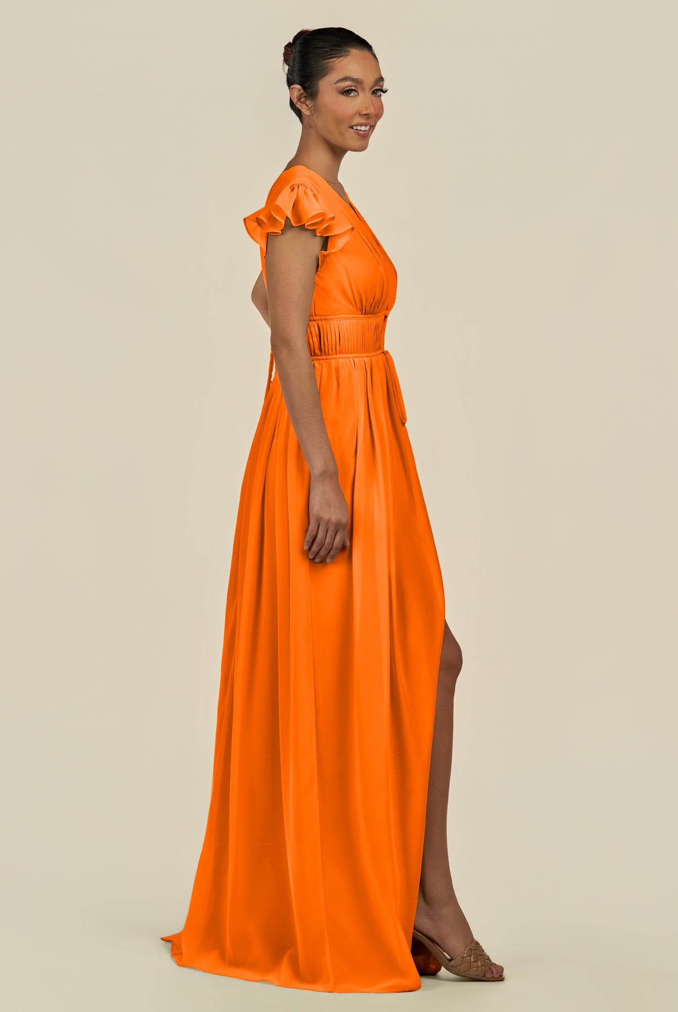 KissDress-Fienna Cinnamon A Line Chiffon Deep V Neck Long Bridesmaid Dress with Flutter Sleeves