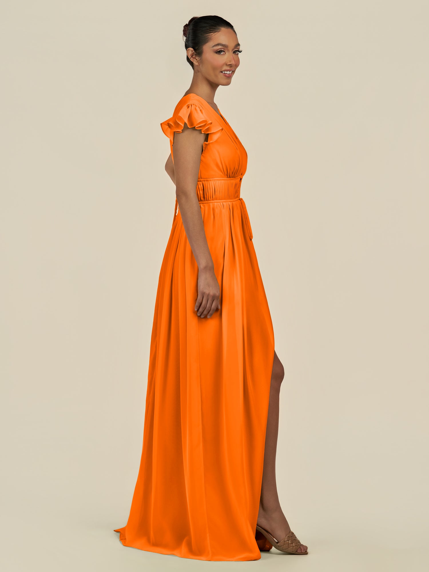 KissDress-Fienna Cinnamon A Line Chiffon Deep V Neck Long Bridesmaid Dress with Flutter Sleeves