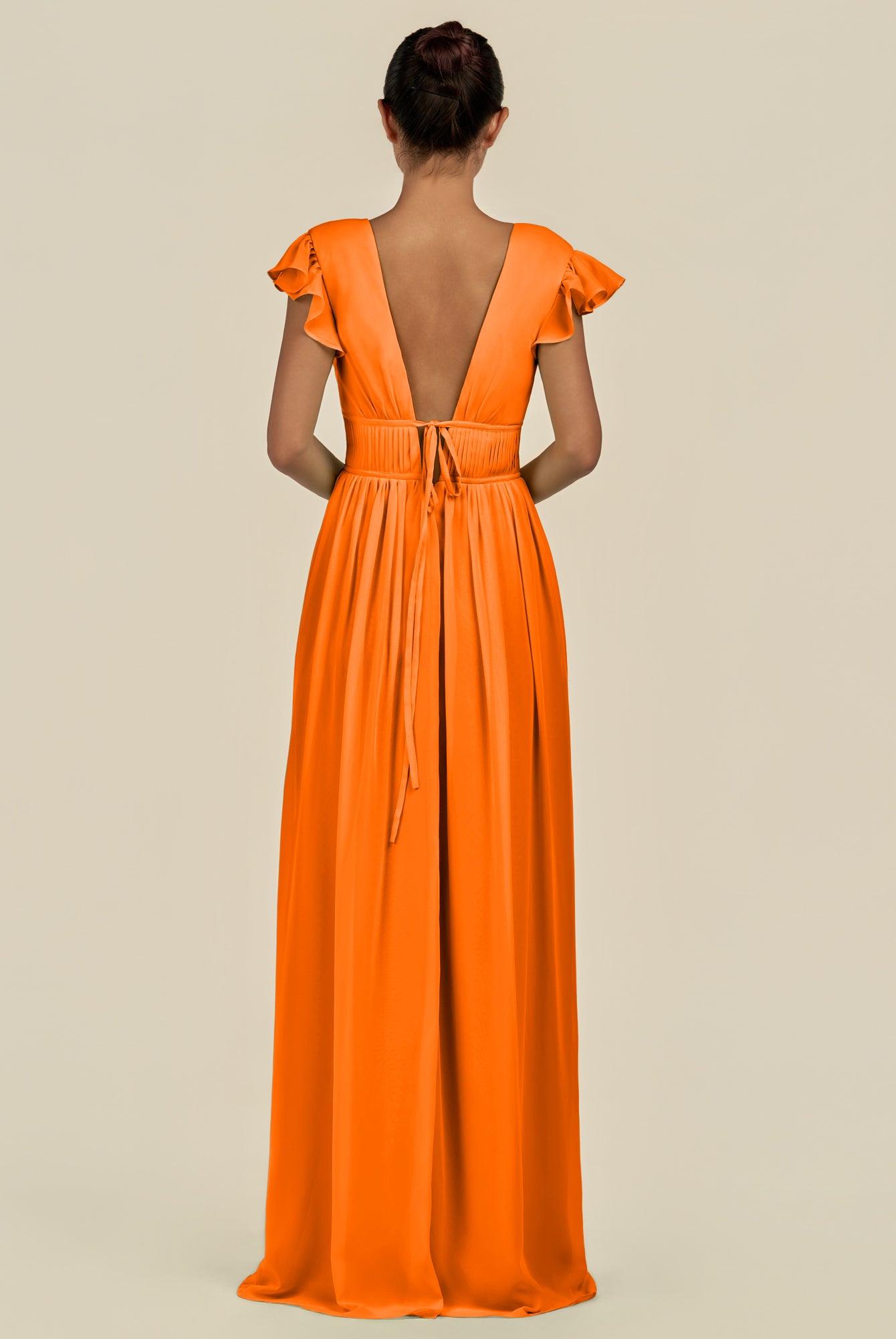 KissDress-Fienna Cinnamon A Line Chiffon Deep V Neck Long Bridesmaid Dress with Flutter Sleeves