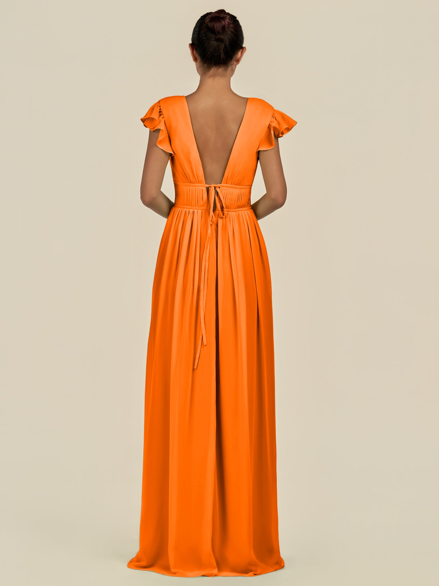 KissDress-Fienna Cinnamon A Line Chiffon Deep V Neck Long Bridesmaid Dress with Flutter Sleeves