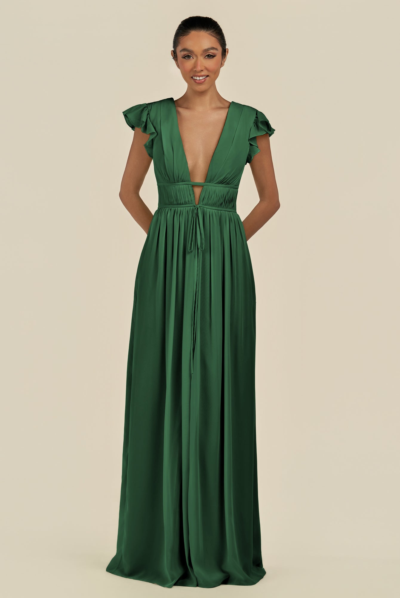 KissDress-Fienna Dark Green A Line Chiffon Deep V Neck Long Bridesmaid Dress with Flutter Sleeves