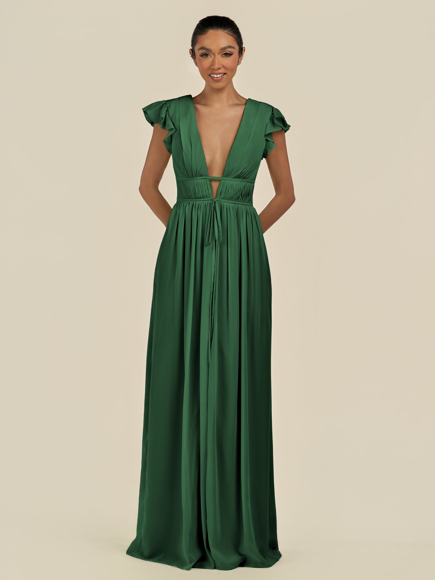 KissDress-Fienna Dark Green A Line Chiffon Deep V Neck Long Bridesmaid Dress with Flutter Sleeves