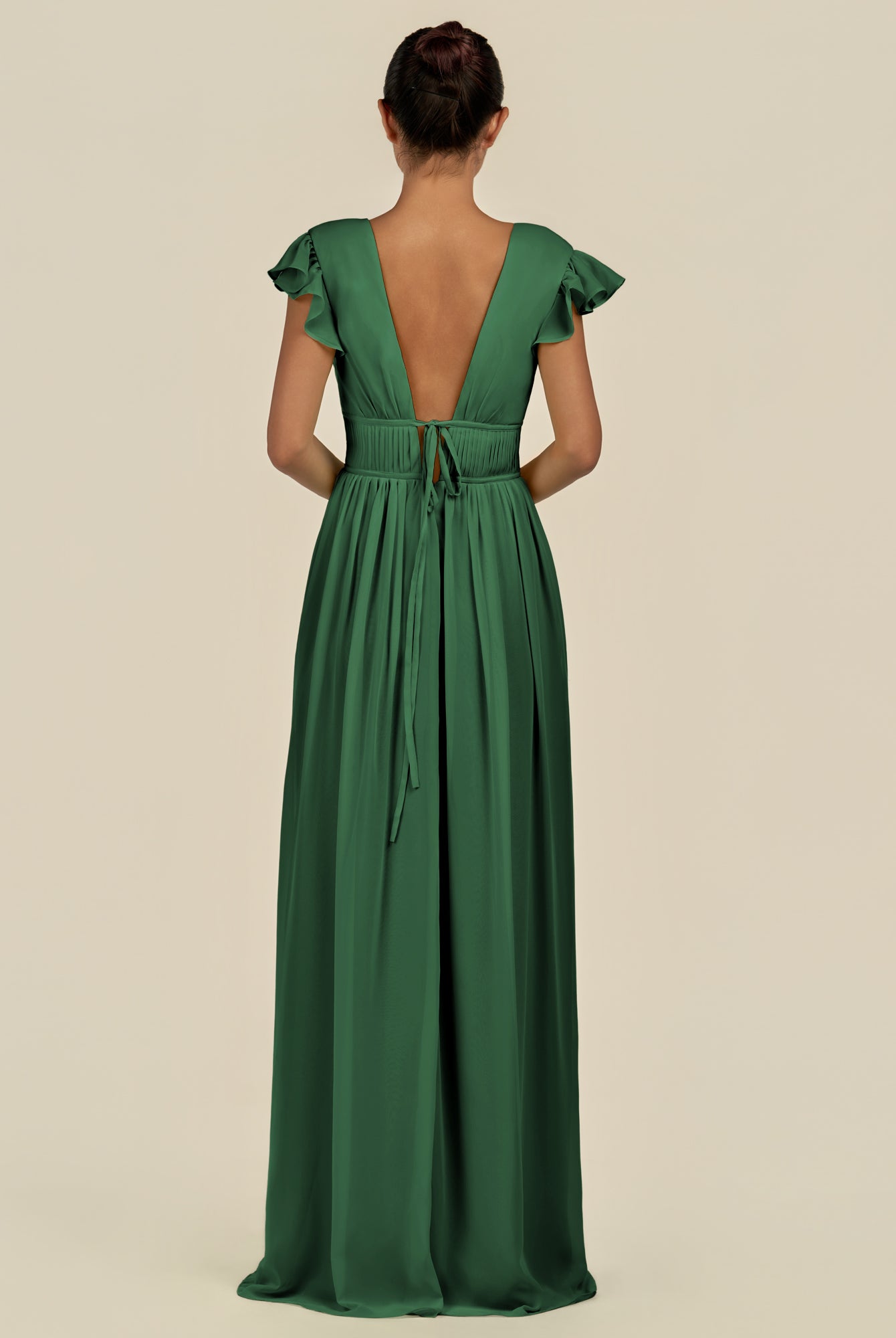 KissDress-Fienna Dark Green A Line Chiffon Deep V Neck Long Bridesmaid Dress with Flutter Sleeves