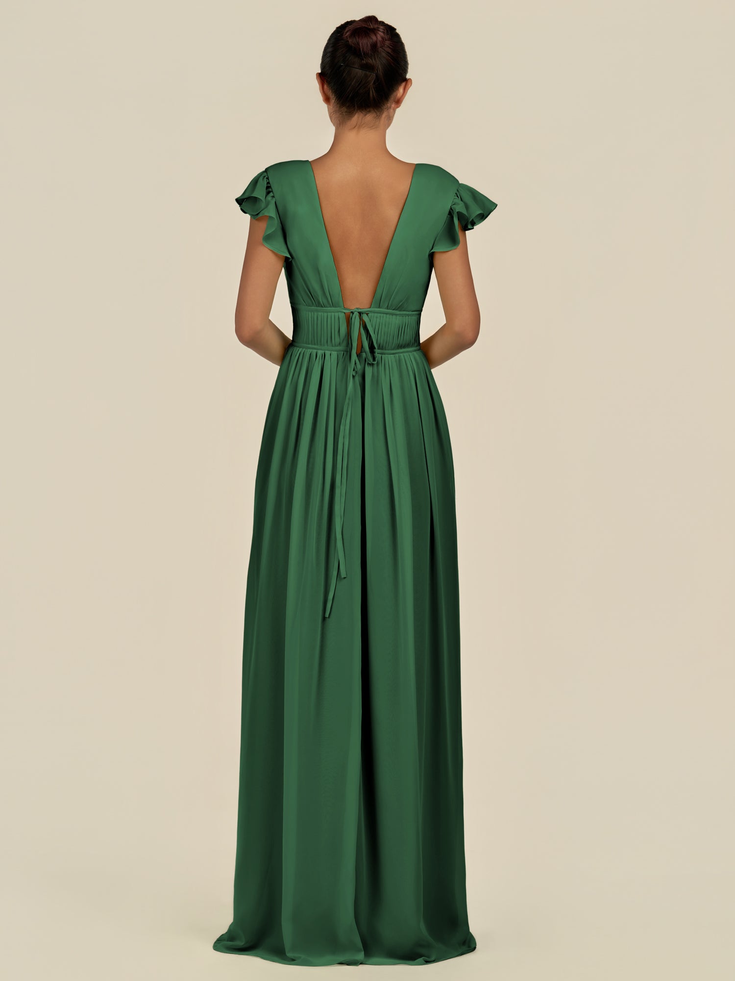 KissDress-Fienna Dark Green A Line Chiffon Deep V Neck Long Bridesmaid Dress with Flutter Sleeves