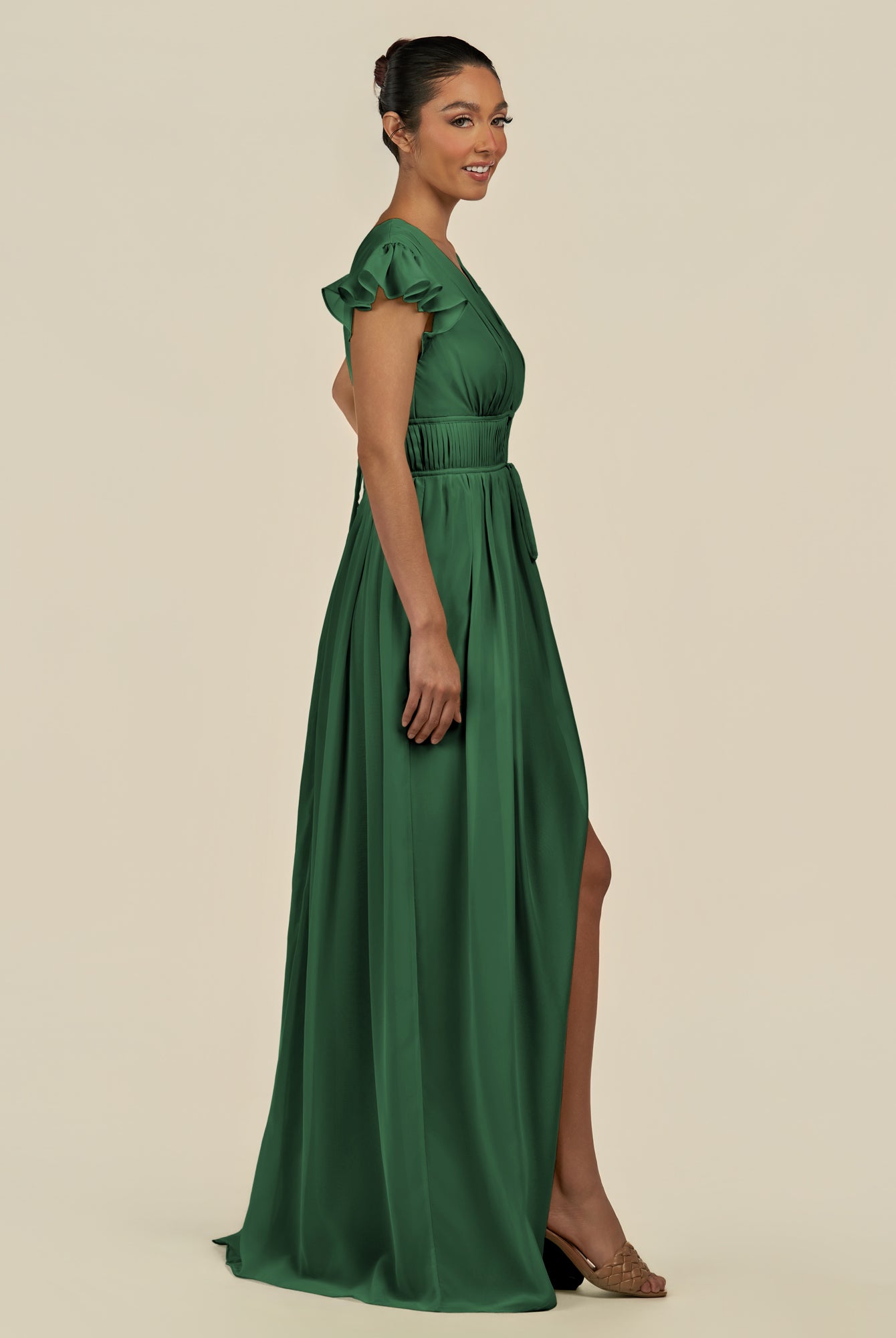 KissDress-Fienna Dark Green A Line Chiffon Deep V Neck Long Bridesmaid Dress with Flutter Sleeves