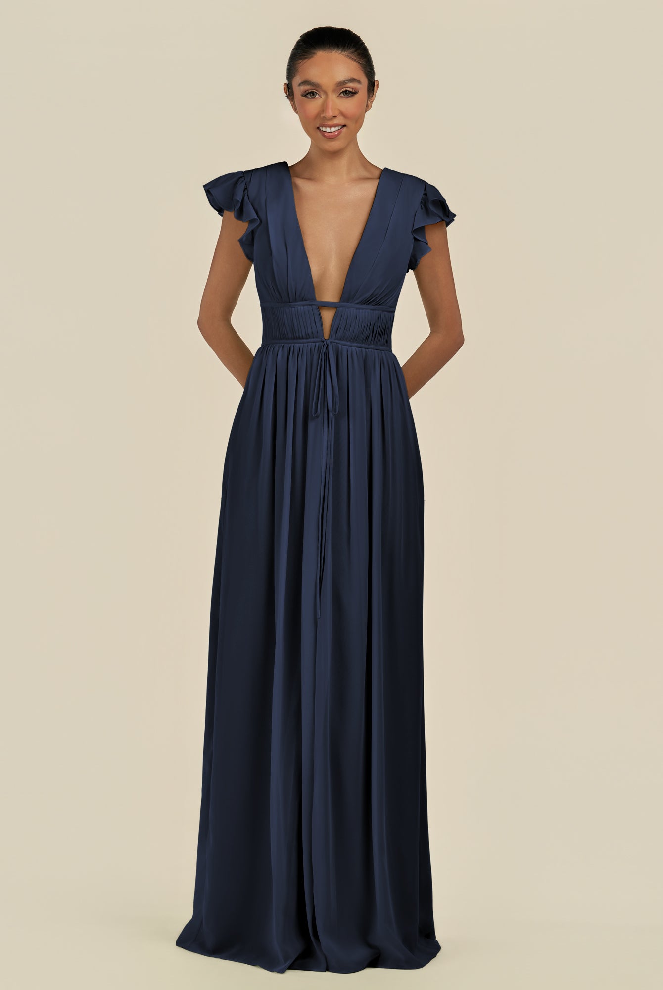 KissDress-Fienna Dark Navy A Line Chiffon Deep V Neck Long Bridesmaid Dress with Flutter Sleeves
