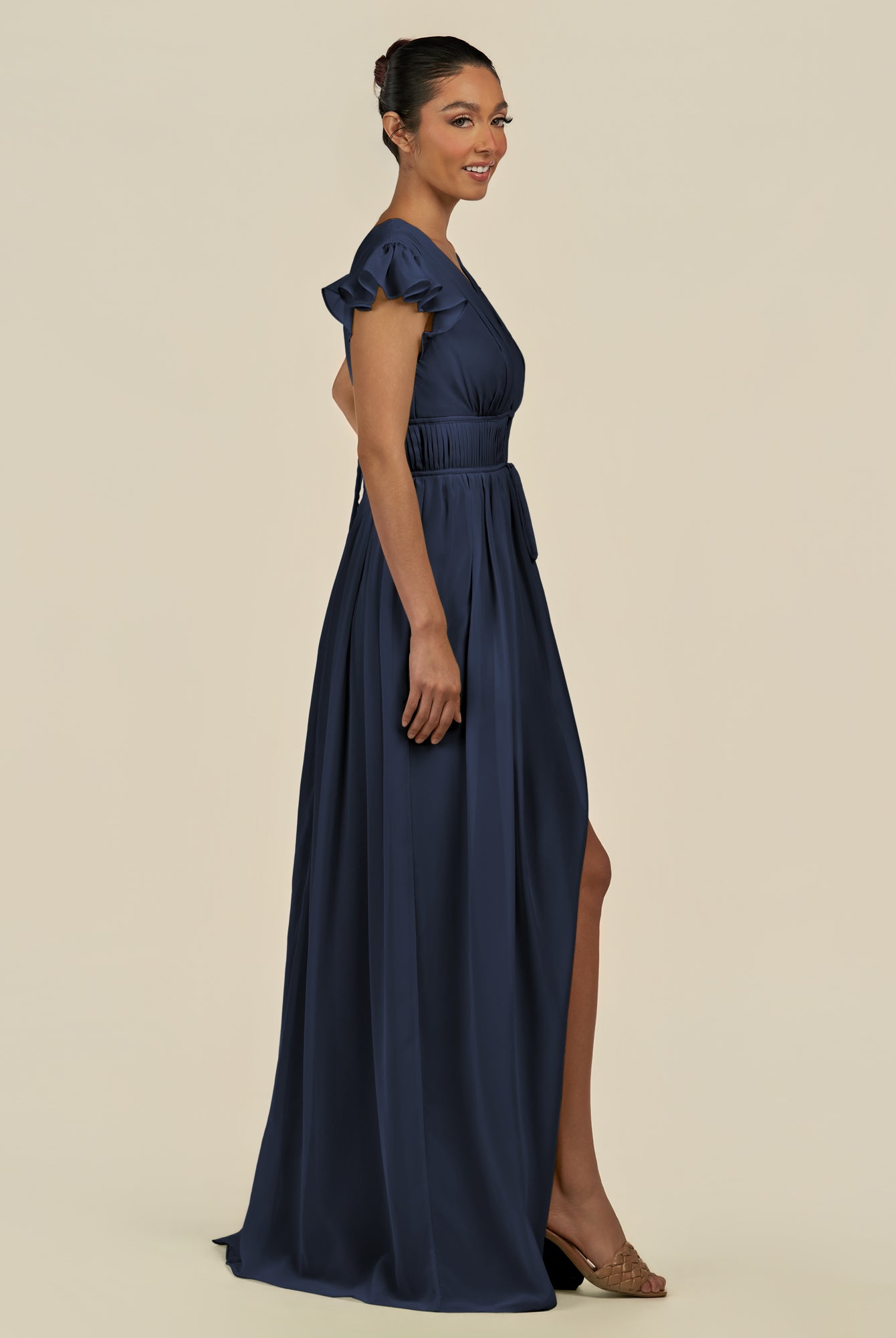 KissDress-Fienna Dark Navy A Line Chiffon Deep V Neck Long Bridesmaid Dress with Flutter Sleeves