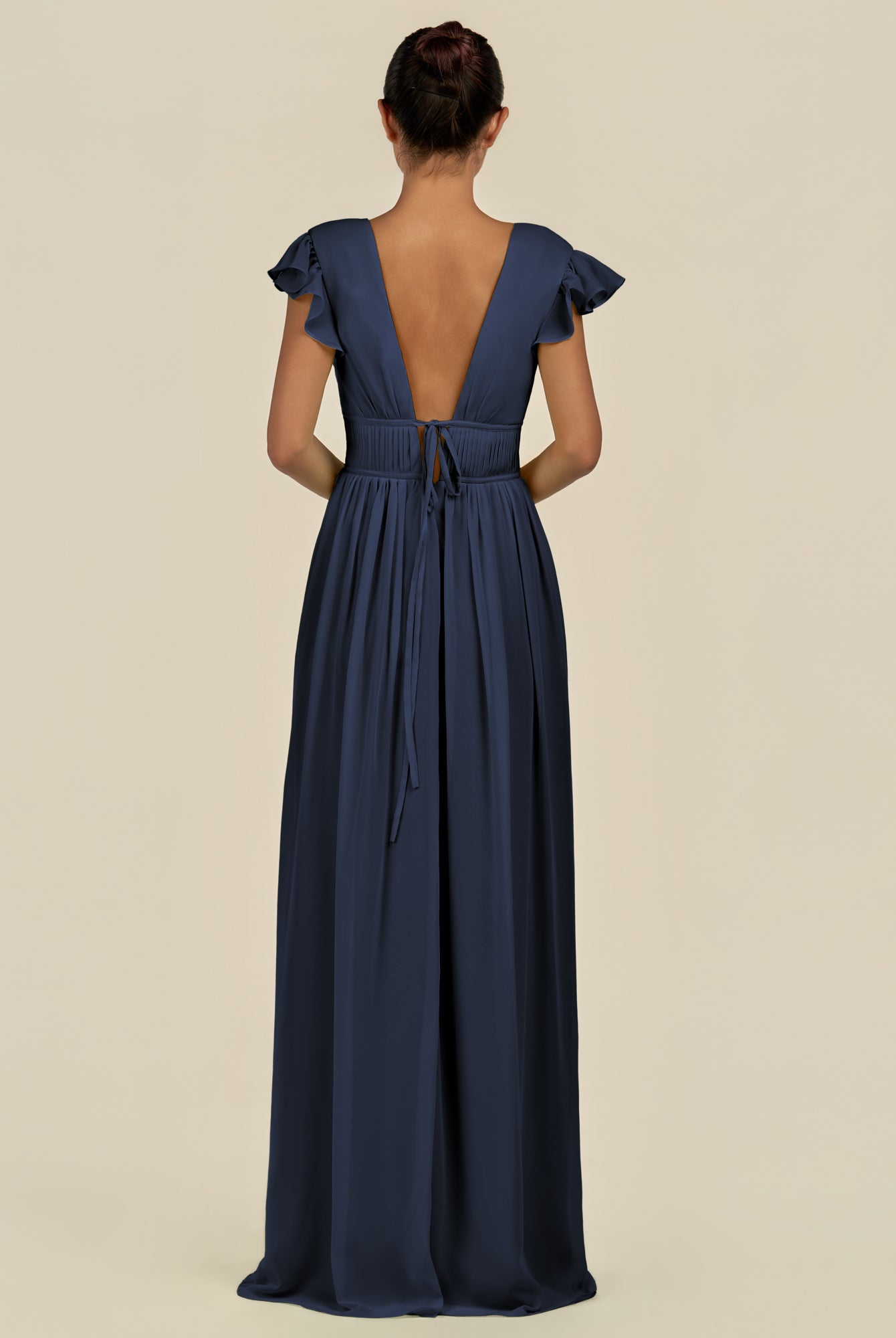 KissDress-Fienna Dark Navy A Line Chiffon Deep V Neck Long Bridesmaid Dress with Flutter Sleeves