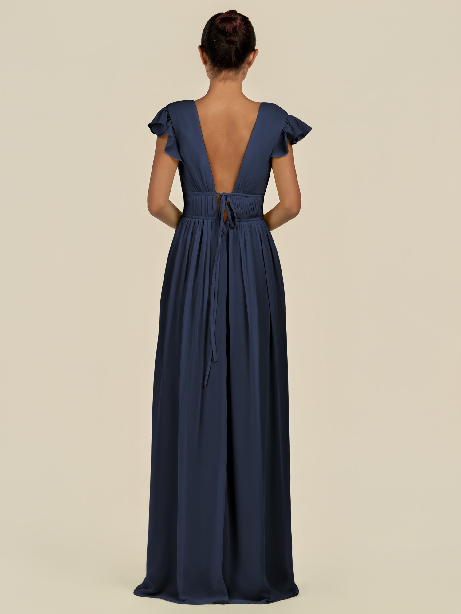 KissDress-Fienna Dark Navy A Line Chiffon Deep V Neck Long Bridesmaid Dress with Flutter Sleeves
