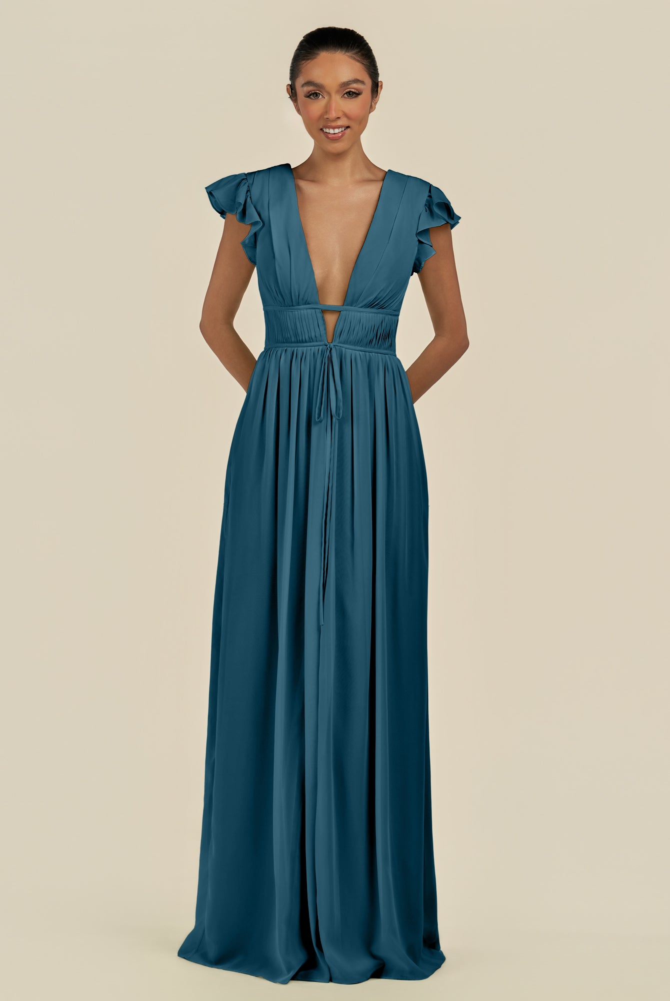 KissDress-Fienna Dark Teal A Line Chiffon Deep V Neck Long Bridesmaid Dress with Flutter Sleeves