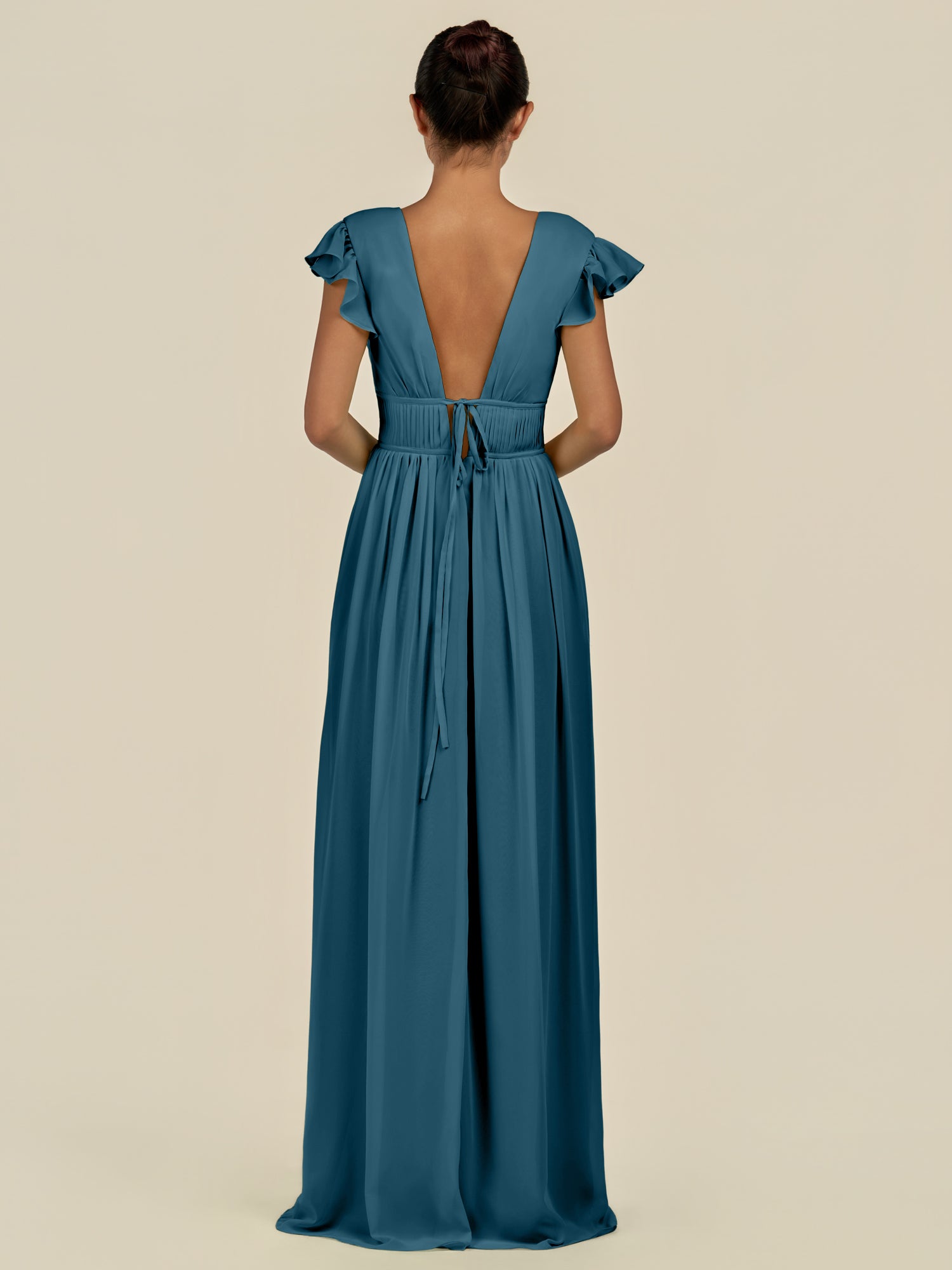KissDress-Fienna Dark Teal A Line Chiffon Deep V Neck Long Bridesmaid Dress with Flutter Sleeves