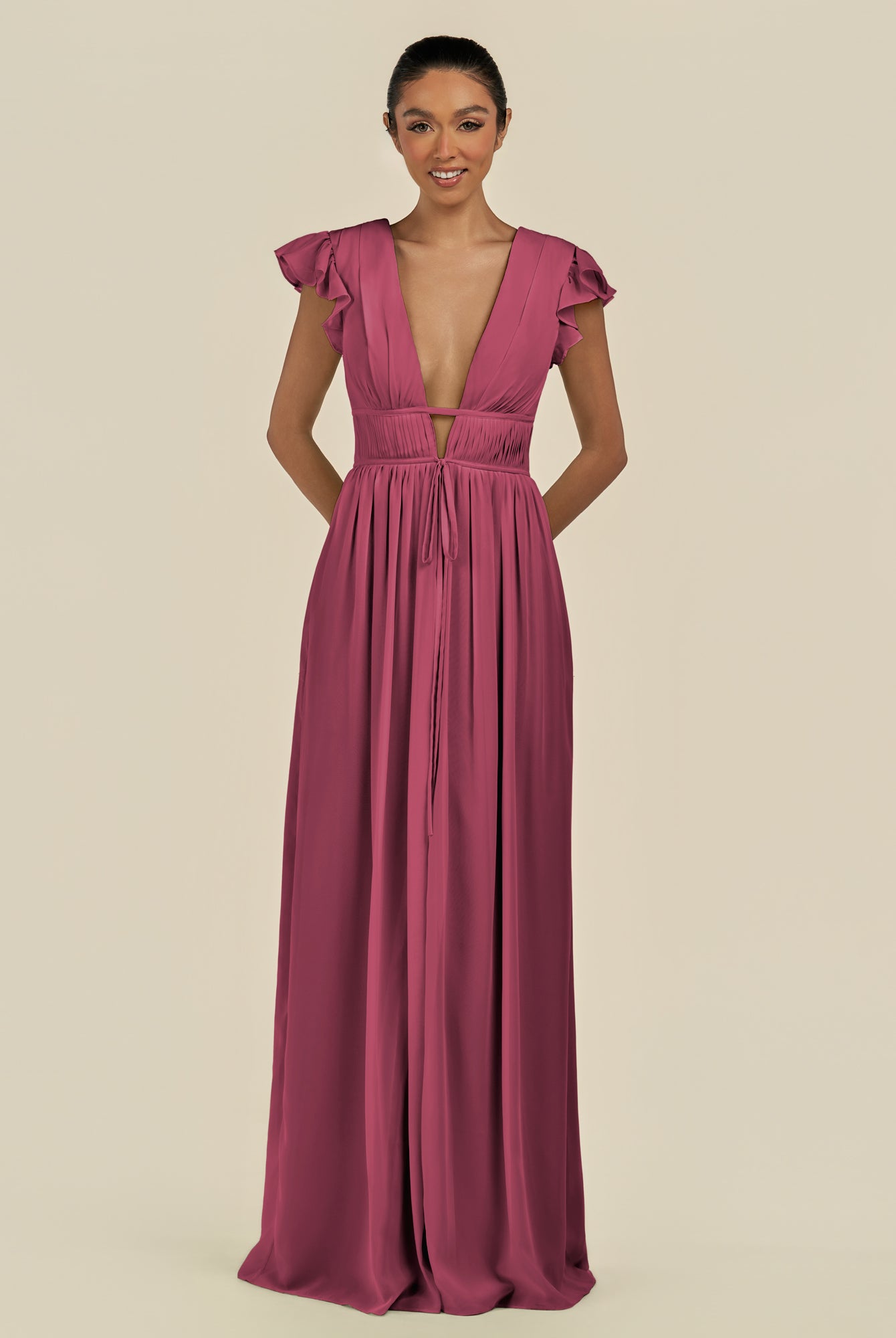 KissDress-Fienna Desert Rose A Line Chiffon Deep V Neck Long Bridesmaid Dress with Flutter Sleeves