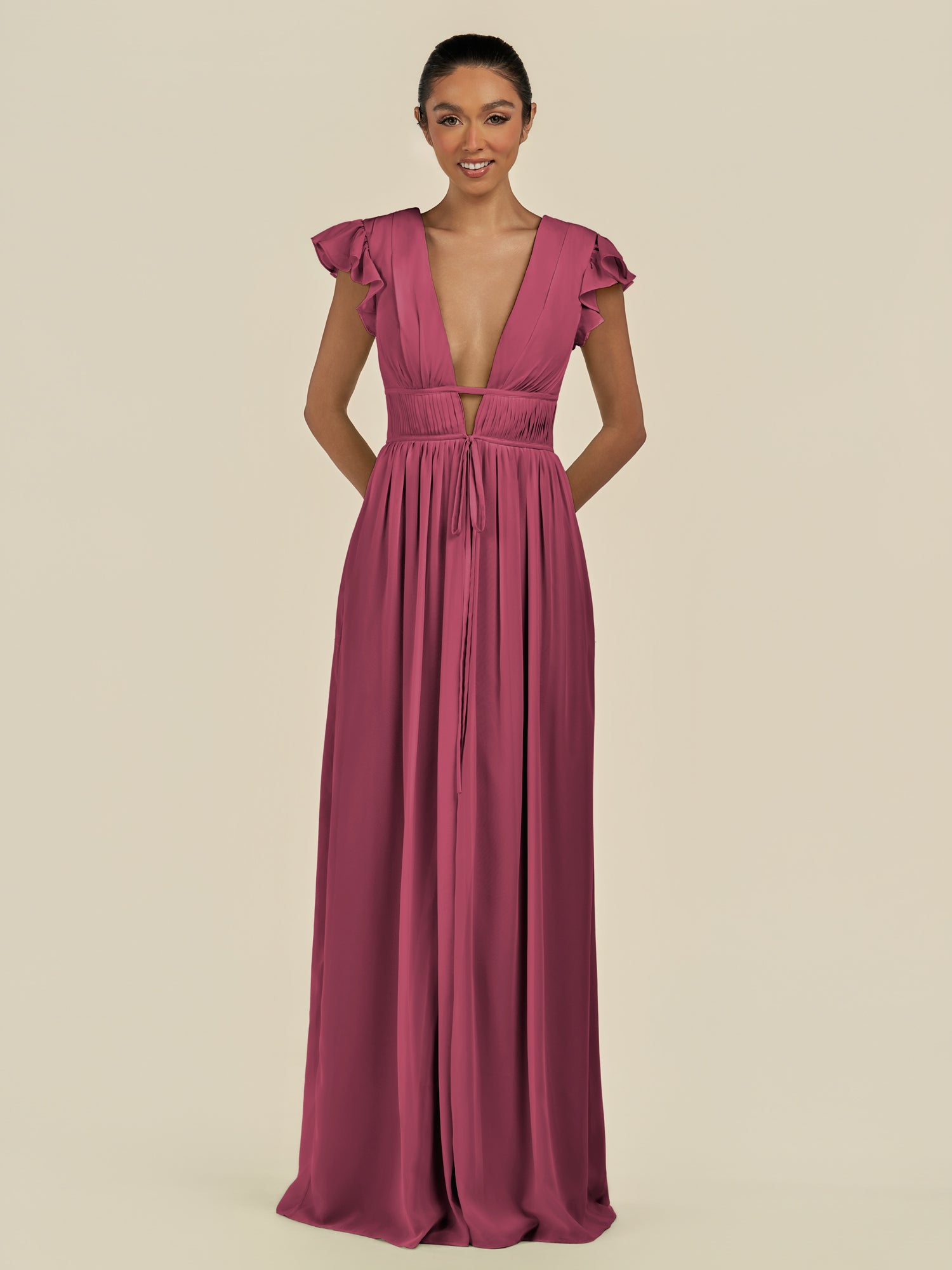 KissDress-Fienna Desert Rose A Line Chiffon Deep V Neck Long Bridesmaid Dress with Flutter Sleeves