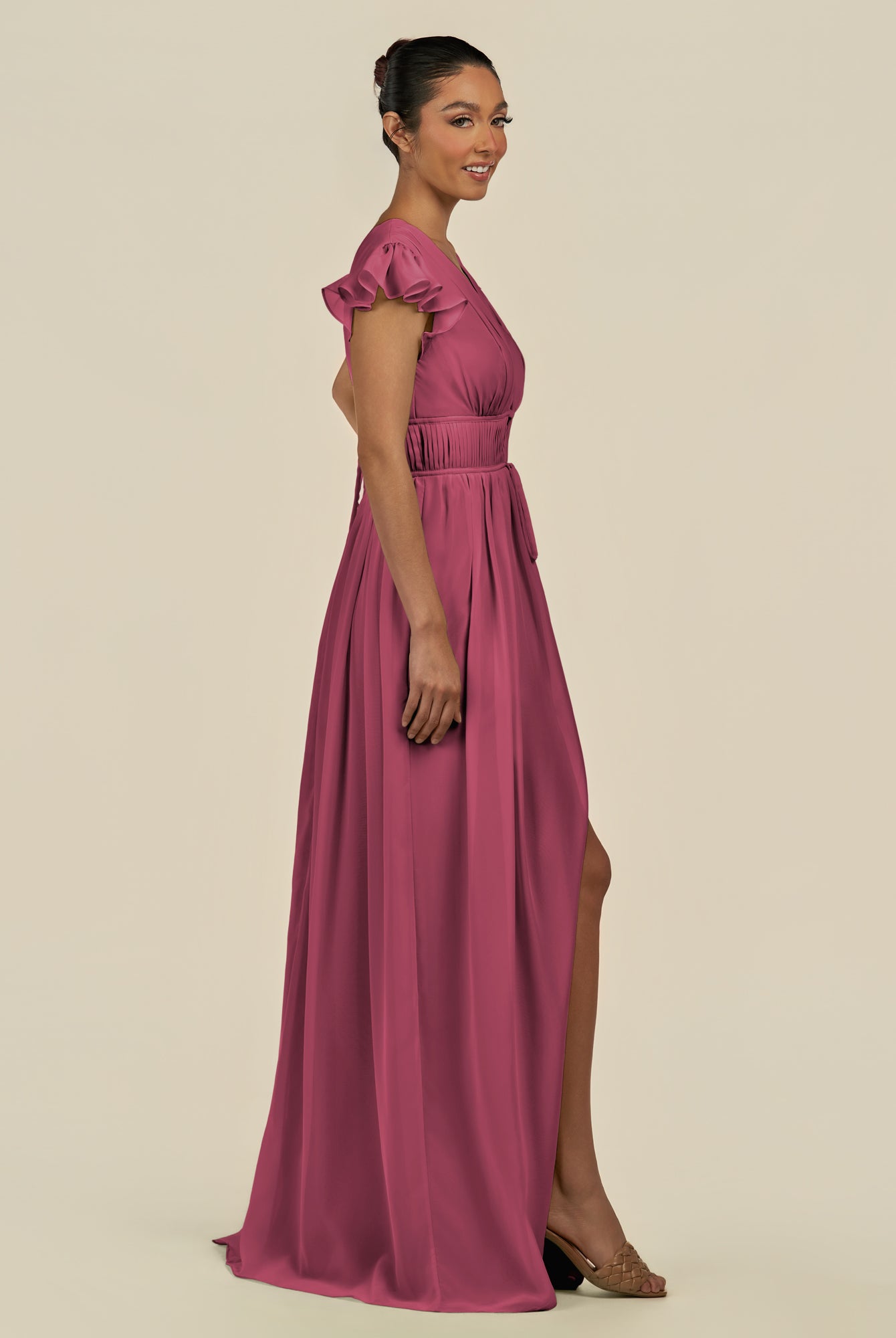 KissDress-Fienna Desert Rose A Line Chiffon Deep V Neck Long Bridesmaid Dress with Flutter Sleeves