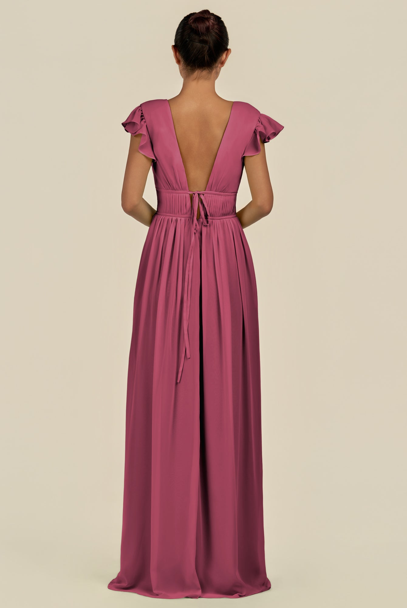 KissDress-Fienna Desert Rose A Line Chiffon Deep V Neck Long Bridesmaid Dress with Flutter Sleeves
