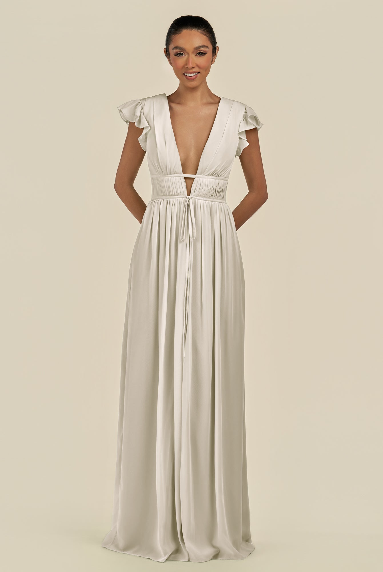 KissDress-Fienna Dove Gray A Line Chiffon Deep V Neck Long Bridesmaid Dress with Flutter Sleeves