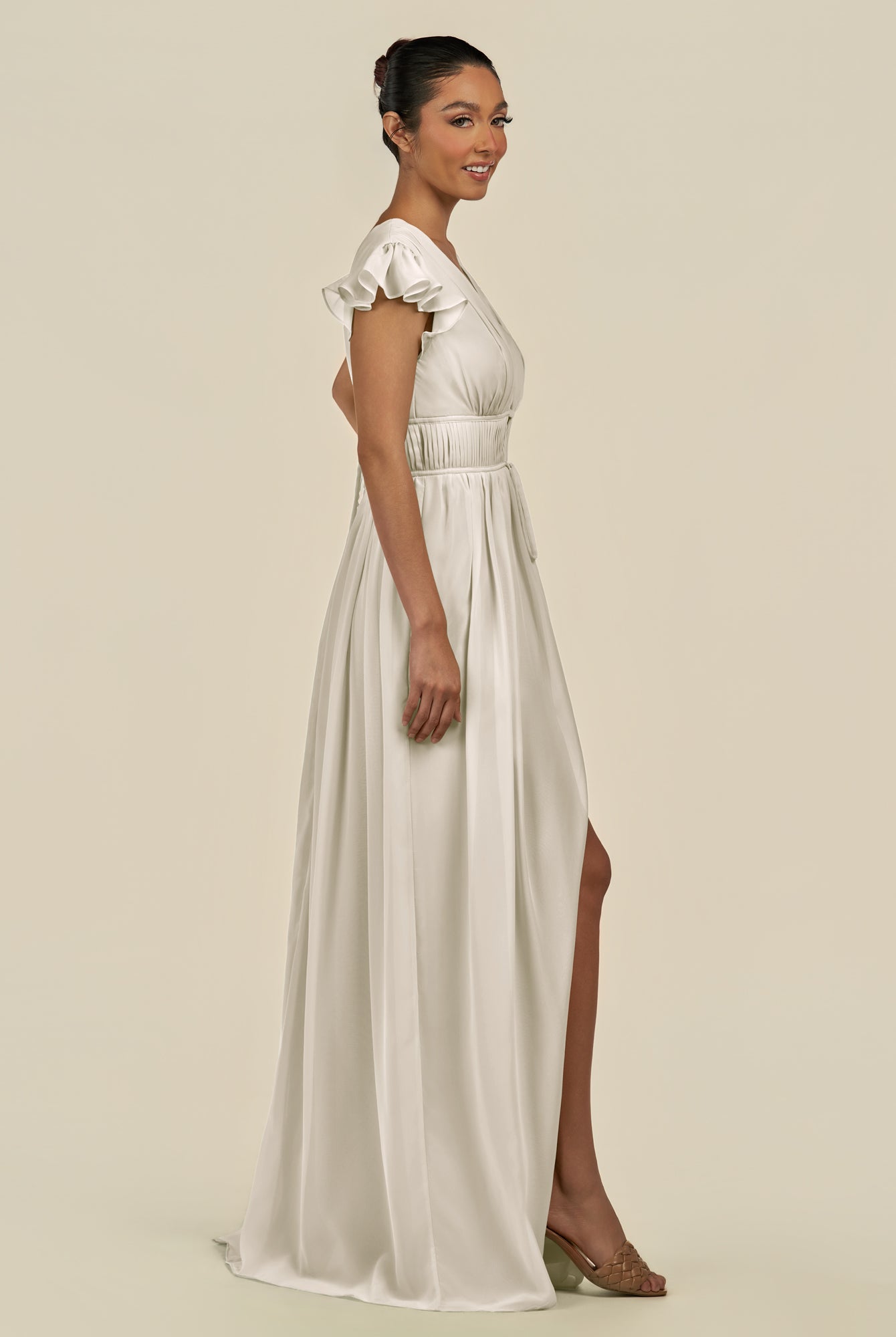 KissDress-Fienna Dove Gray A Line Chiffon Deep V Neck Long Bridesmaid Dress with Flutter Sleeves