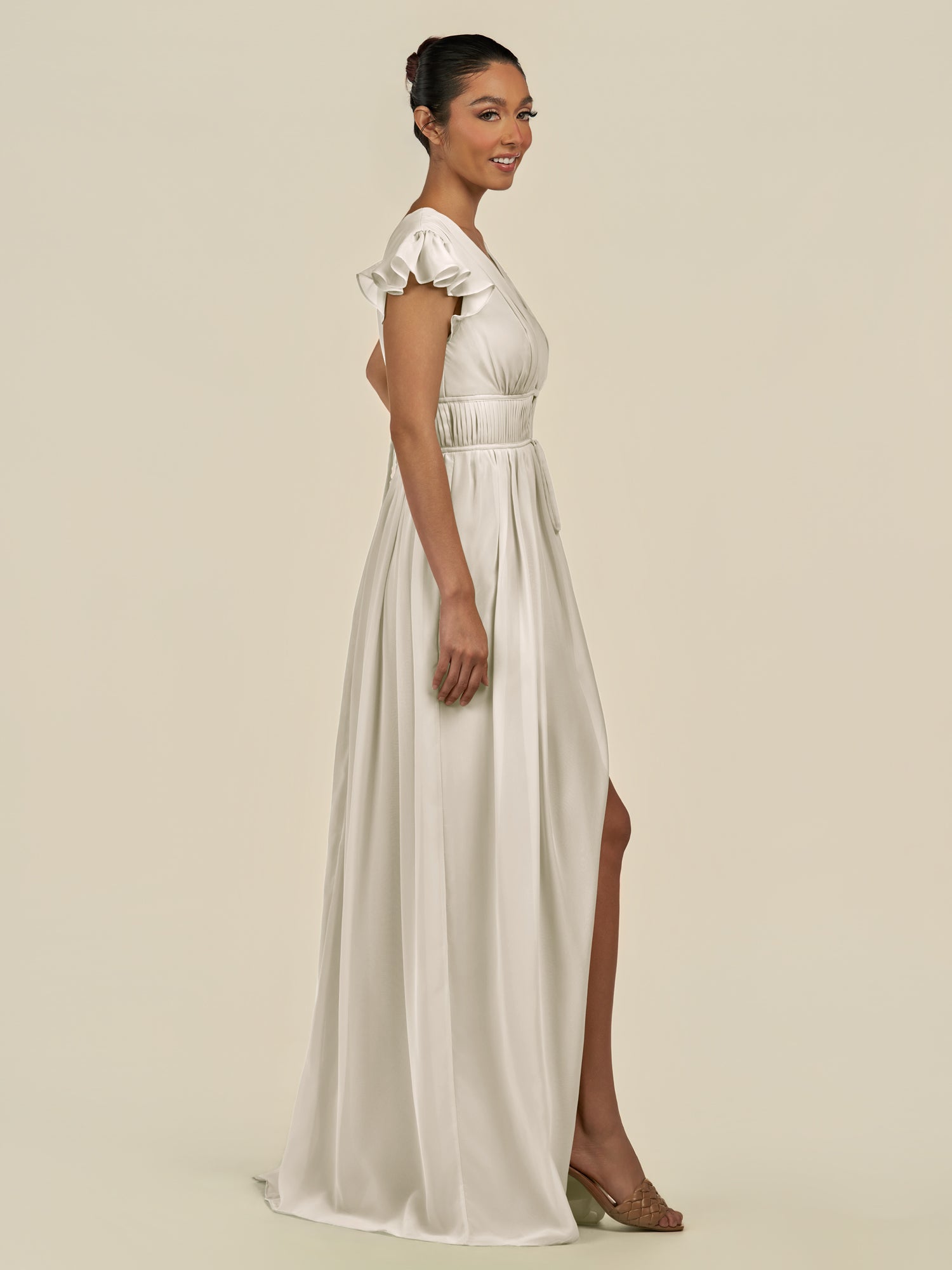 KissDress-Fienna Dove Gray A Line Chiffon Deep V Neck Long Bridesmaid Dress with Flutter Sleeves