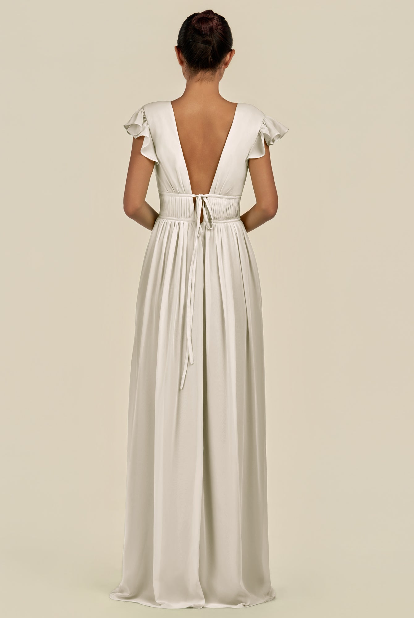 KissDress-Fienna Dove Gray A Line Chiffon Deep V Neck Long Bridesmaid Dress with Flutter Sleeves