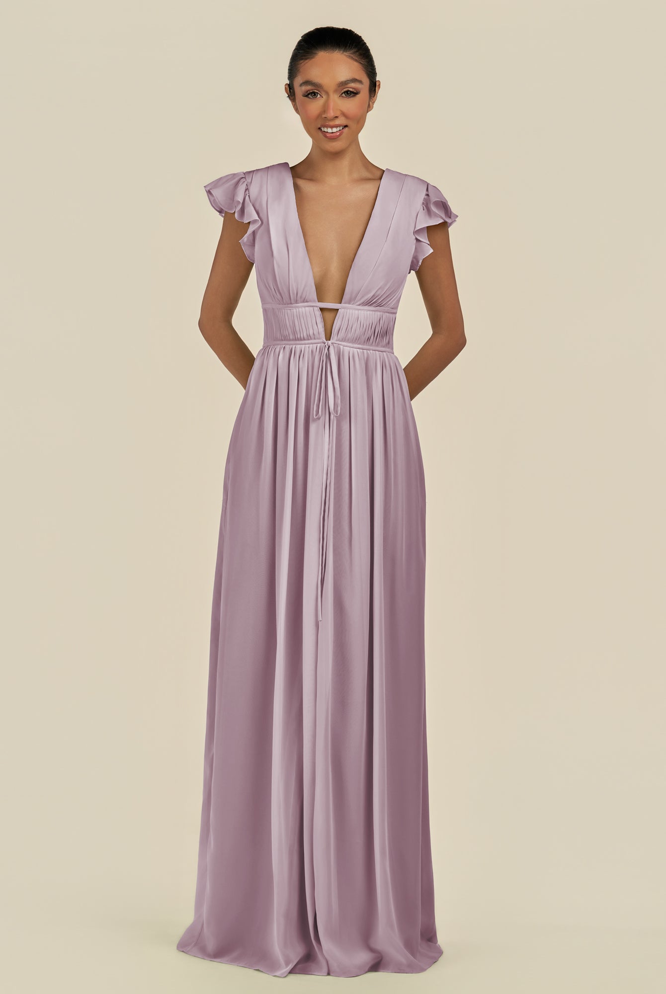 KissDress-Fienna Dusk A Line Chiffon Deep V Neck Long Bridesmaid Dress with Flutter Sleeves
