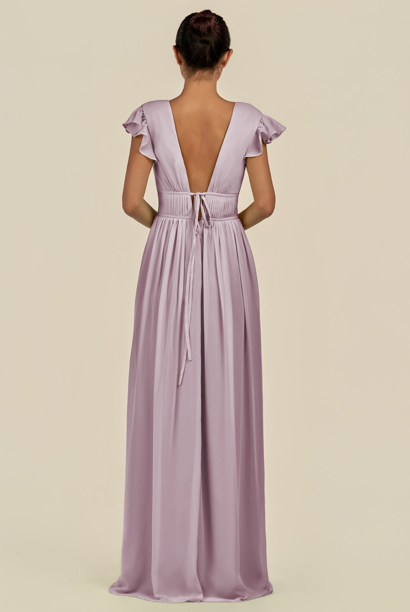 KissDress-Fienna Dusk A Line Chiffon Deep V Neck Long Bridesmaid Dress with Flutter Sleeves