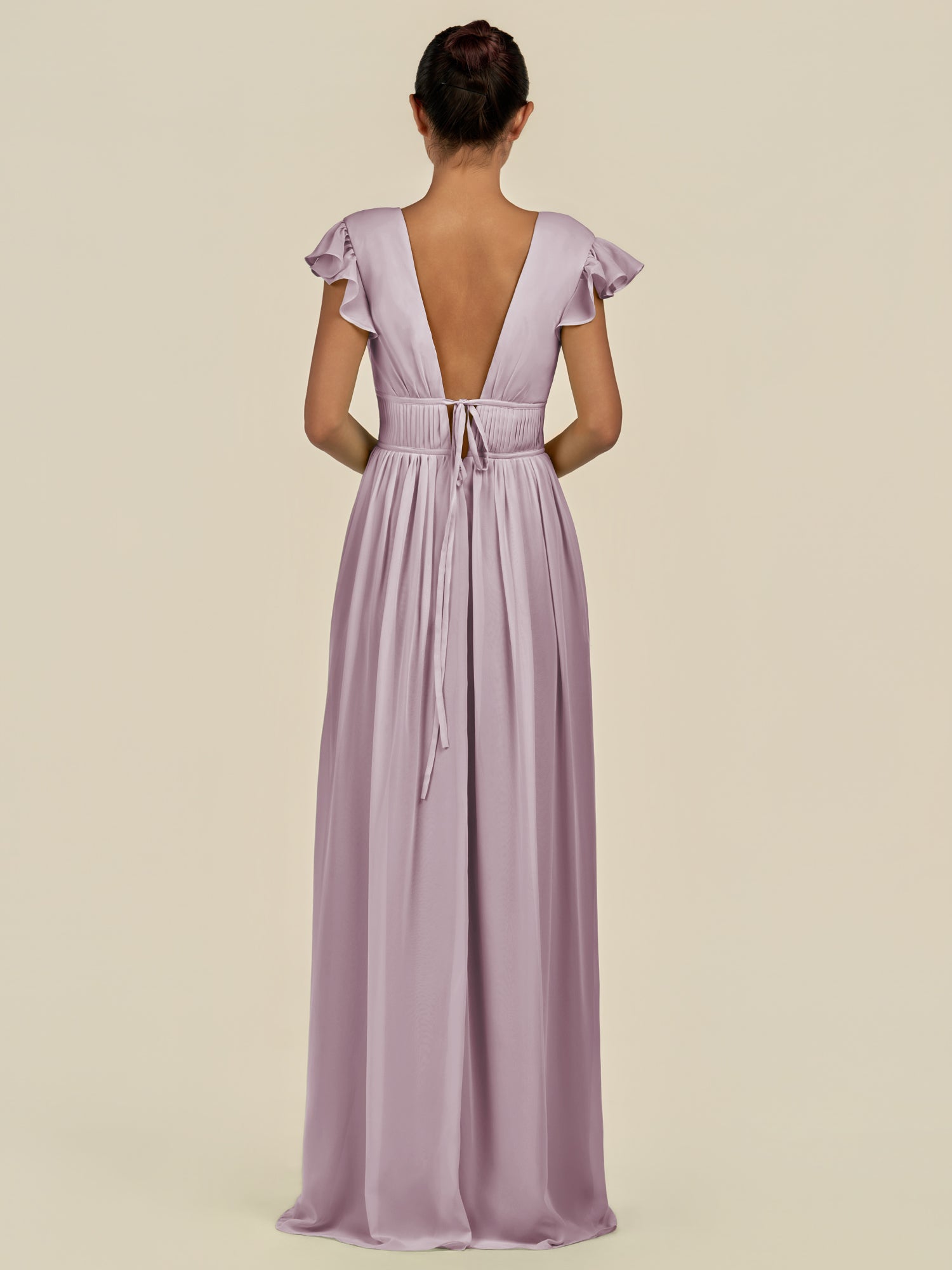 KissDress-Fienna Dusk A Line Chiffon Deep V Neck Long Bridesmaid Dress with Flutter Sleeves