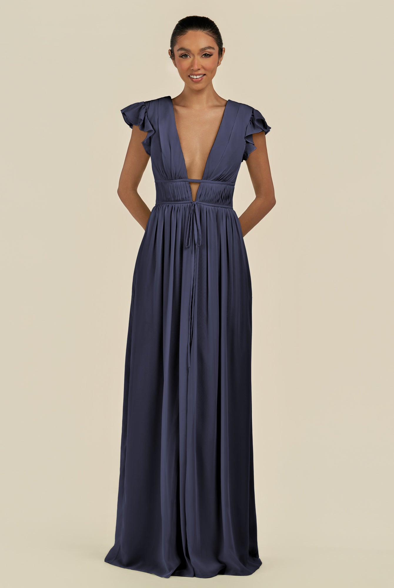 KissDress-Fienna Dusk Blue A Line Chiffon Deep V Neck Long Bridesmaid Dress with Flutter Sleeves