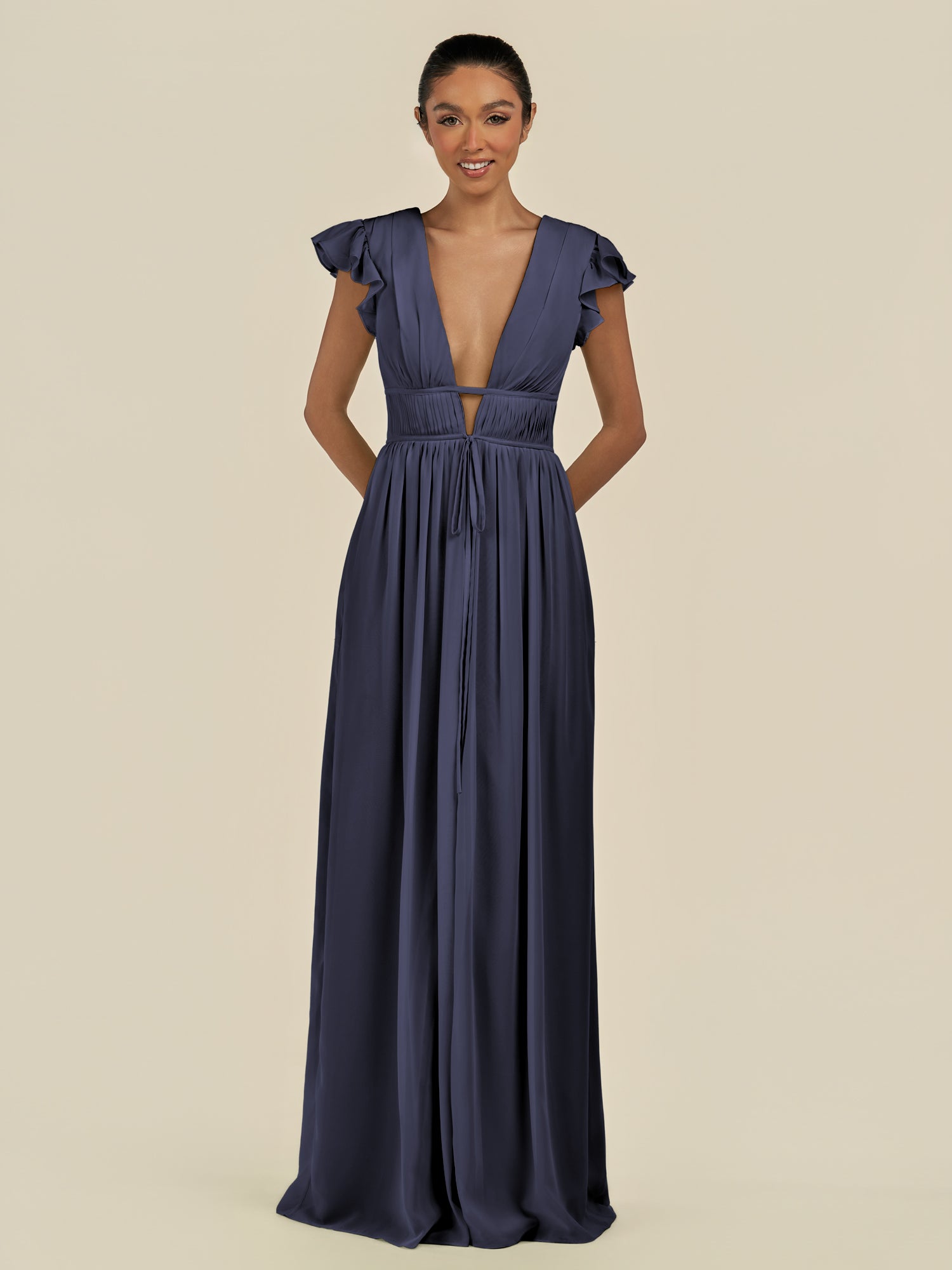 KissDress-Fienna Dusk Blue A Line Chiffon Deep V Neck Long Bridesmaid Dress with Flutter Sleeves