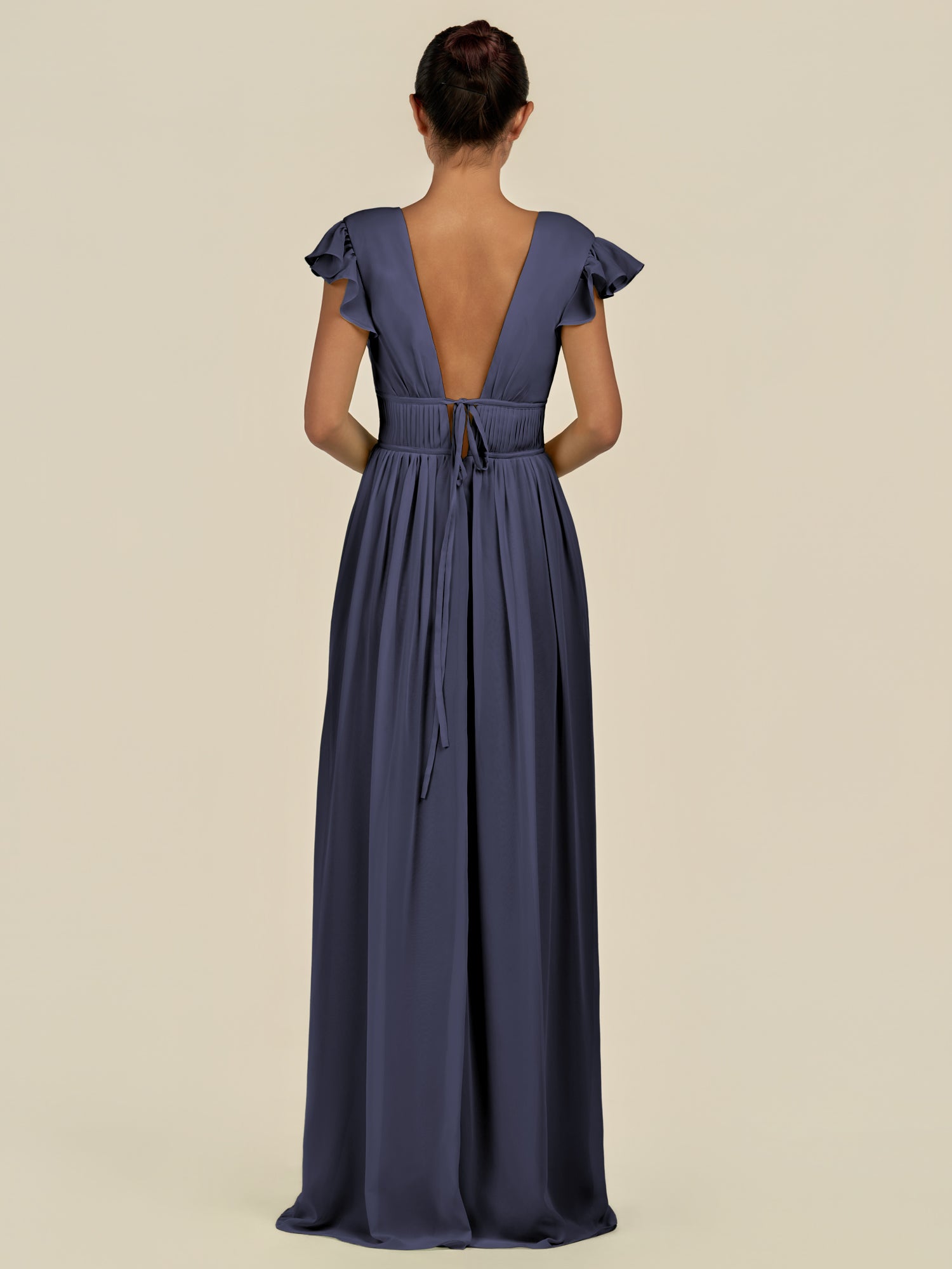 KissDress-Fienna Dusk Blue A Line Chiffon Deep V Neck Long Bridesmaid Dress with Flutter Sleeves