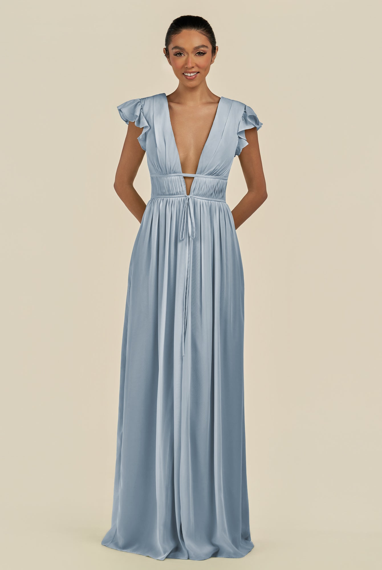 KissDress-Fienna Dusty Blue A Line Chiffon Deep V Neck Long Bridesmaid Dress with Flutter Sleeves