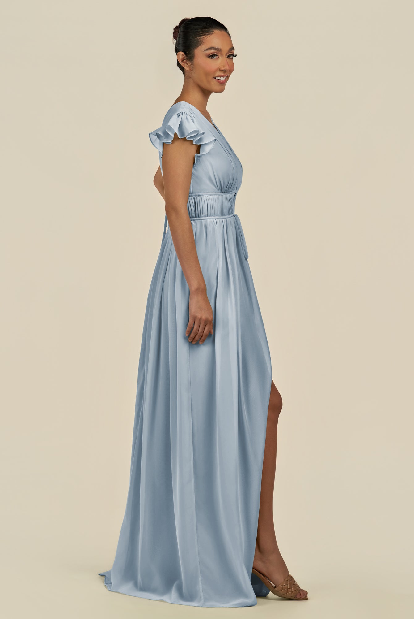 KissDress-Fienna Dusty Blue A Line Chiffon Deep V Neck Long Bridesmaid Dress with Flutter Sleeves