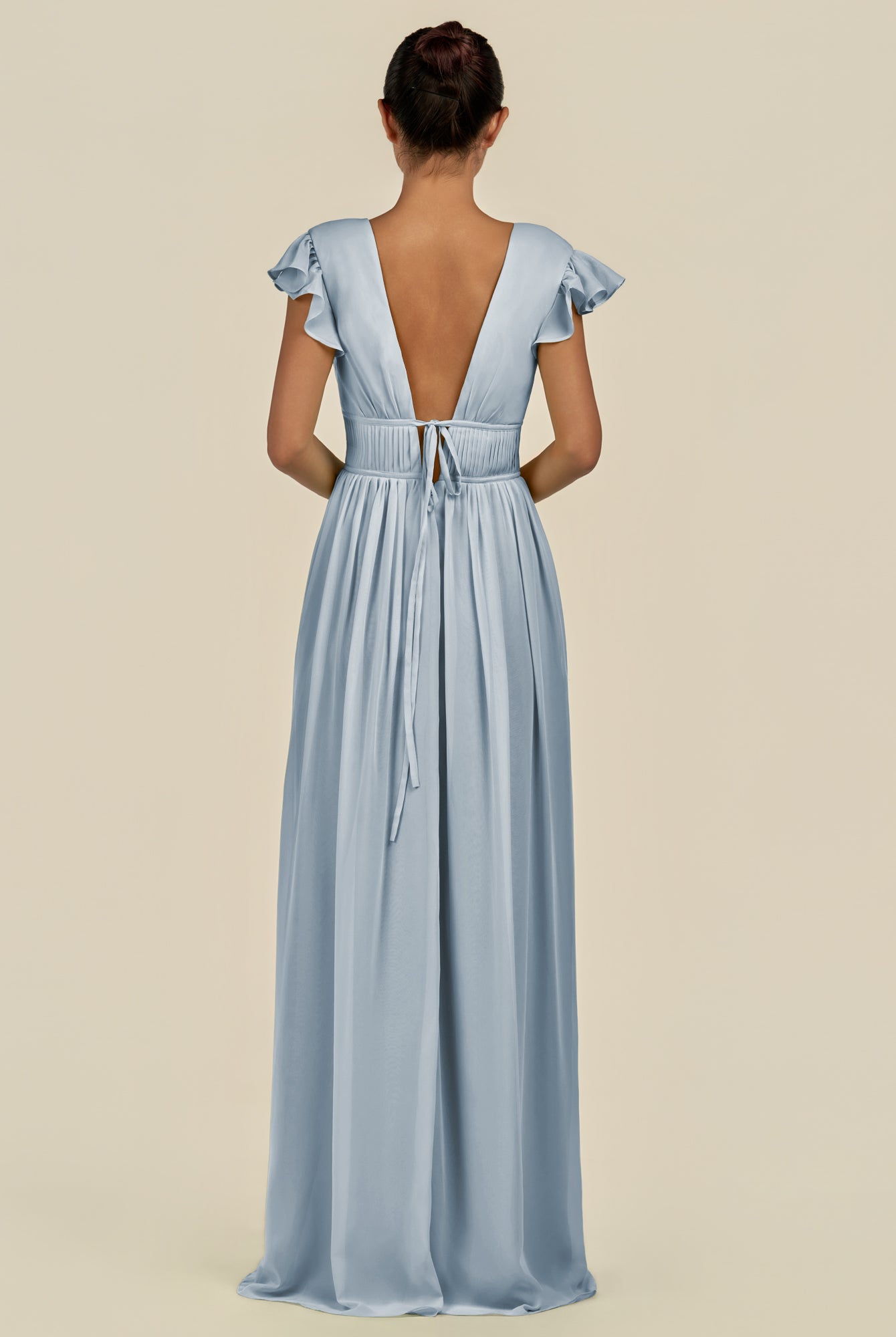 KissDress-Fienna Dusty Blue A Line Chiffon Deep V Neck Long Bridesmaid Dress with Flutter Sleeves